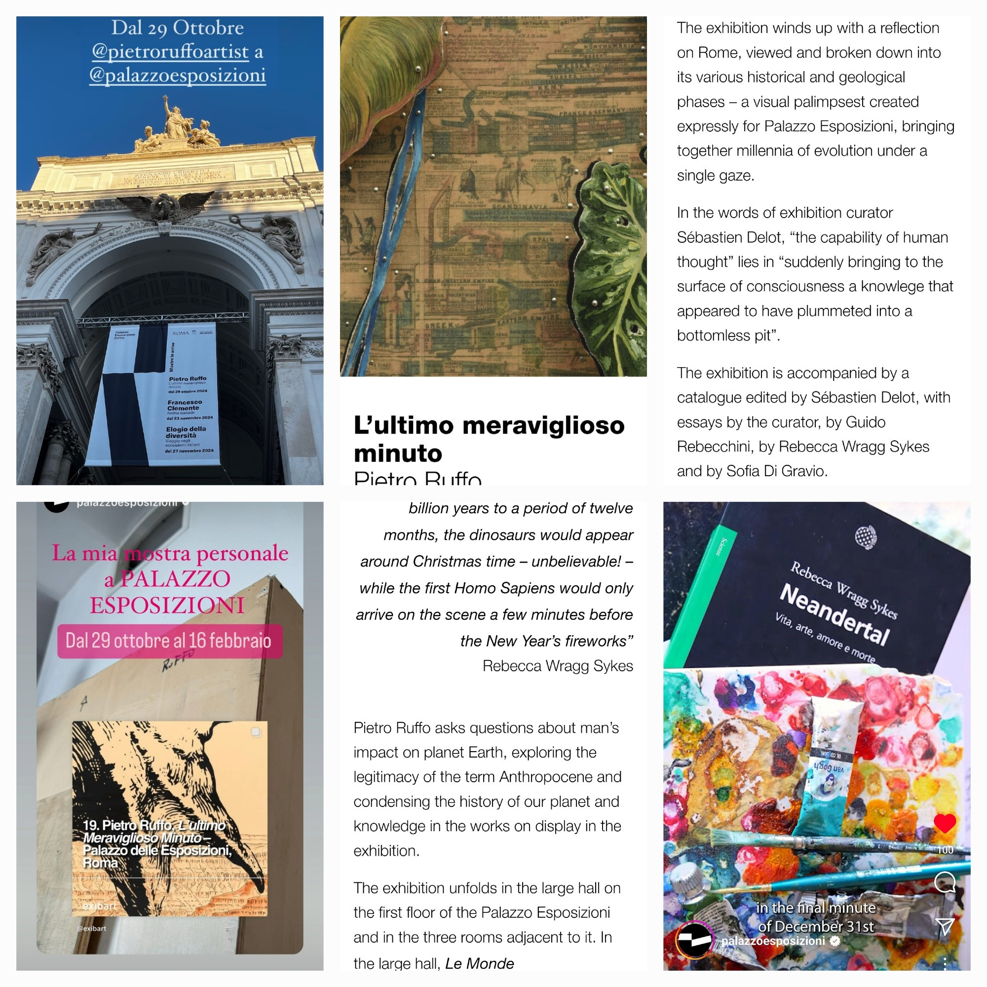 Collage of images showing the Palazzo Exposizioni entrance and exhibition flag; close-ups of pieces of Ruffo's art, text from the website and a photo showing Italian edition "Neandertal: vita, arte, amore & morte" with a paint palette