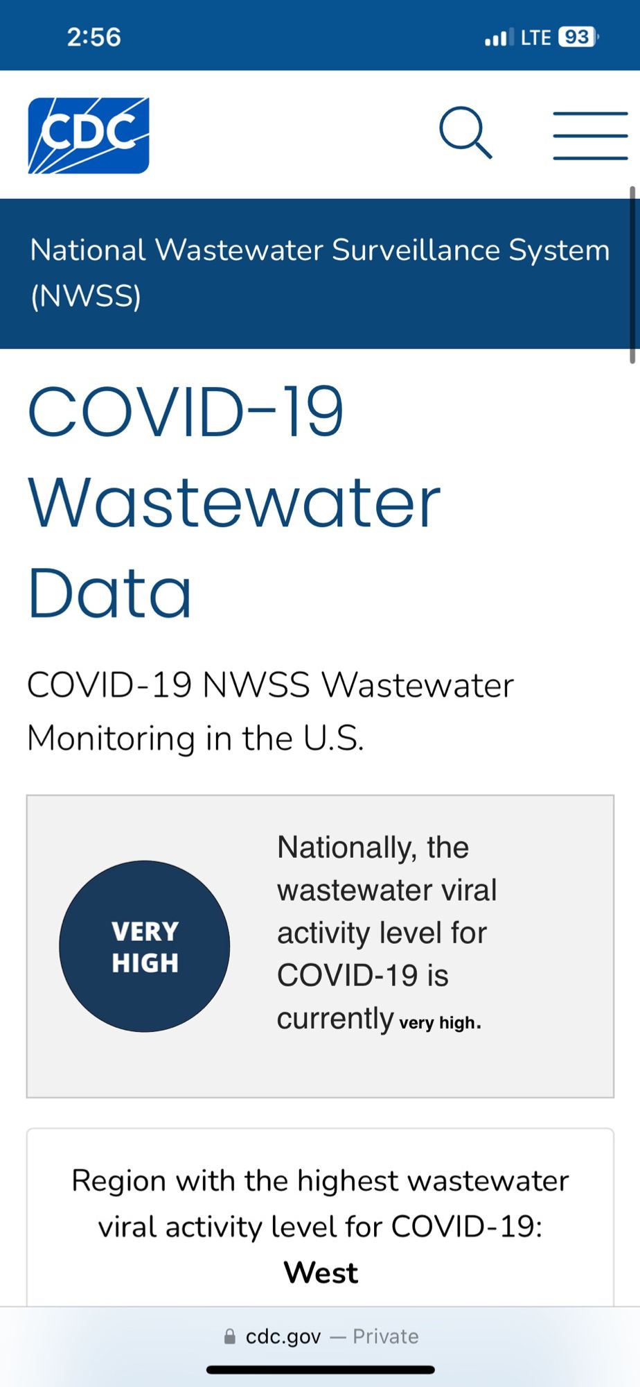 Covid wastewater data from the CDC. Nationally the wastewater viral activity level for COVID-19 is currently very high.