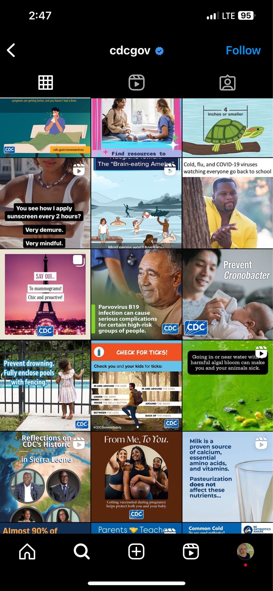 Screenshot of the CDC’s current Instagram page showing the post on the grid