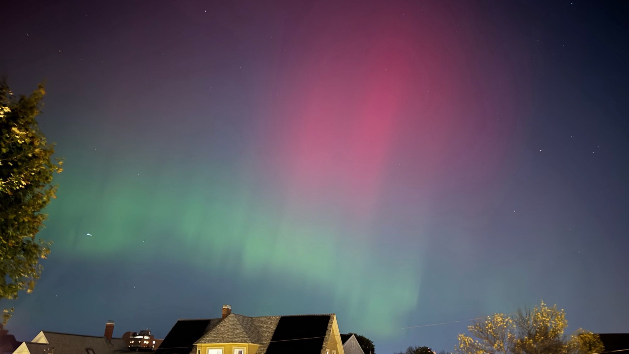 Aurora, green and pink. Houses low in the foreground.