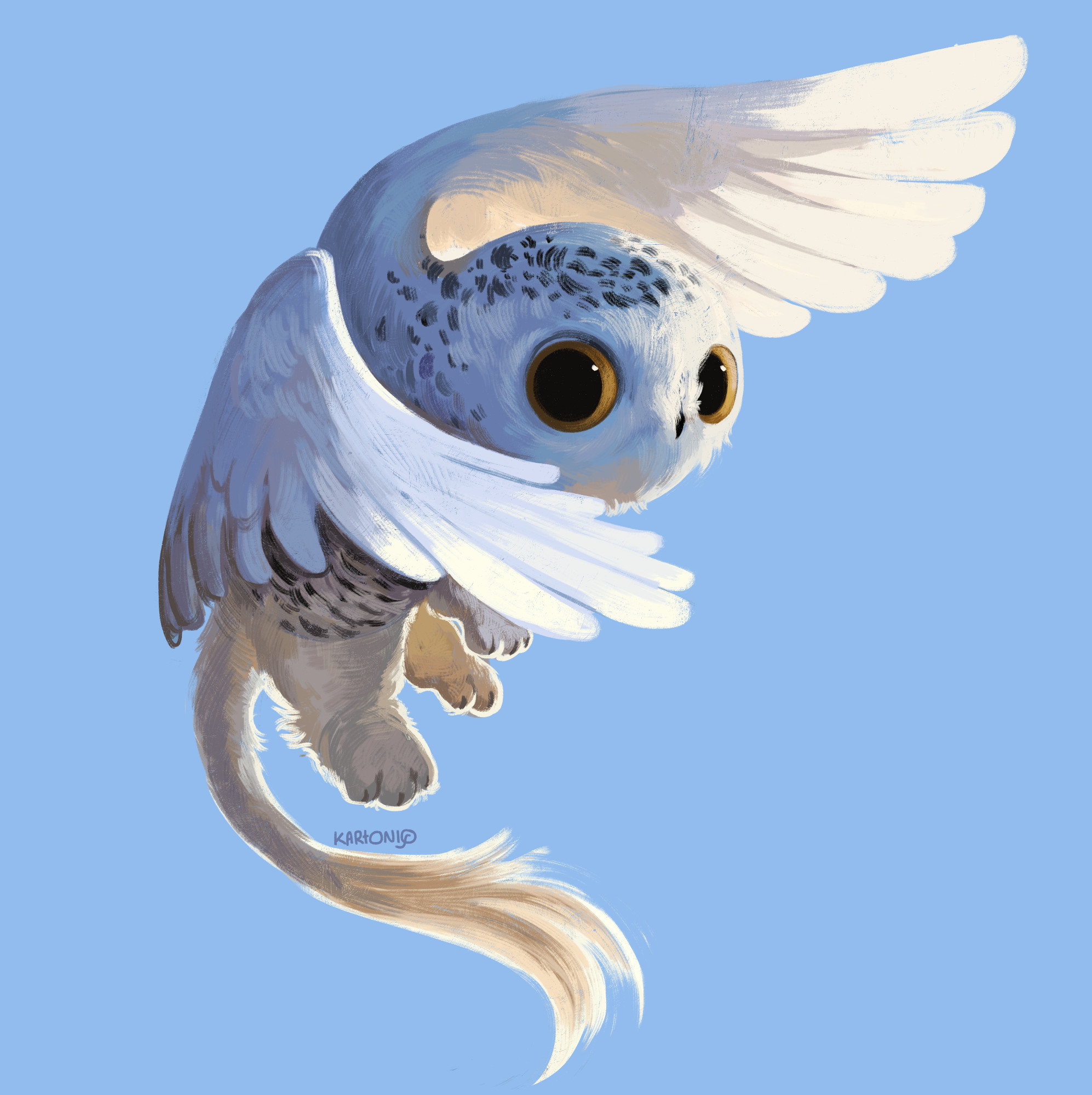 A snow leopard and snowy owl gryphon named Deracho in a chibi art style turning mid-flight in blue skies and looking adorable by Kartoniq.