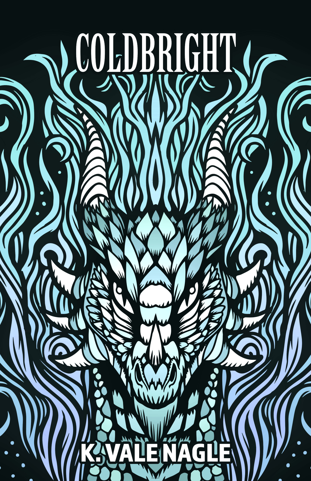 The cover to Coldbright by K. Vale Nagle, showing fire in the colors of mist, light blue white and lavender, concealing the head of a frosty wyvern-like creature. A recolor of the Tales of Feathers & Flames cover where the story is from.