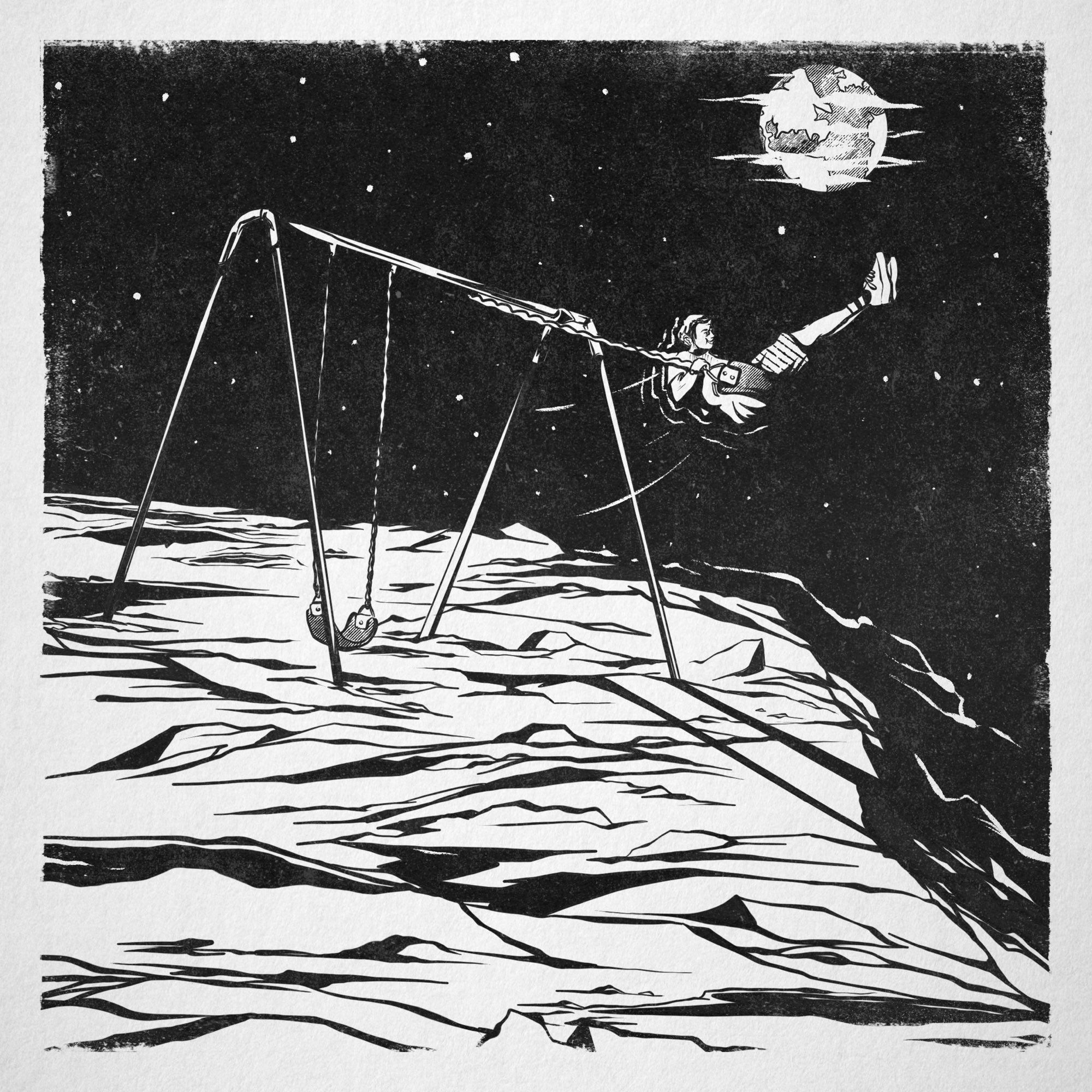 An illustration of a young person on a swing set on what appears to be the Moon. The Earth is in the distance, and the person is getting some solid swinging in.