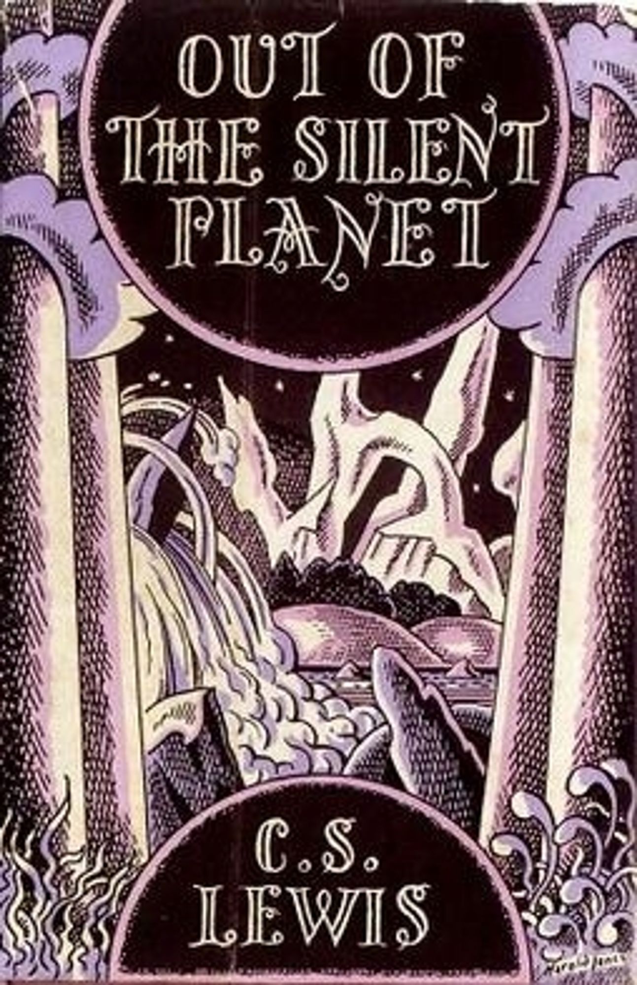 Cover image ( abstract space scene in blacks and purples) of the first edition of British author C S Lewis's 1938 novel, Out of the Silent Planet, which was the first of his sci-fi "Space Trilogy".