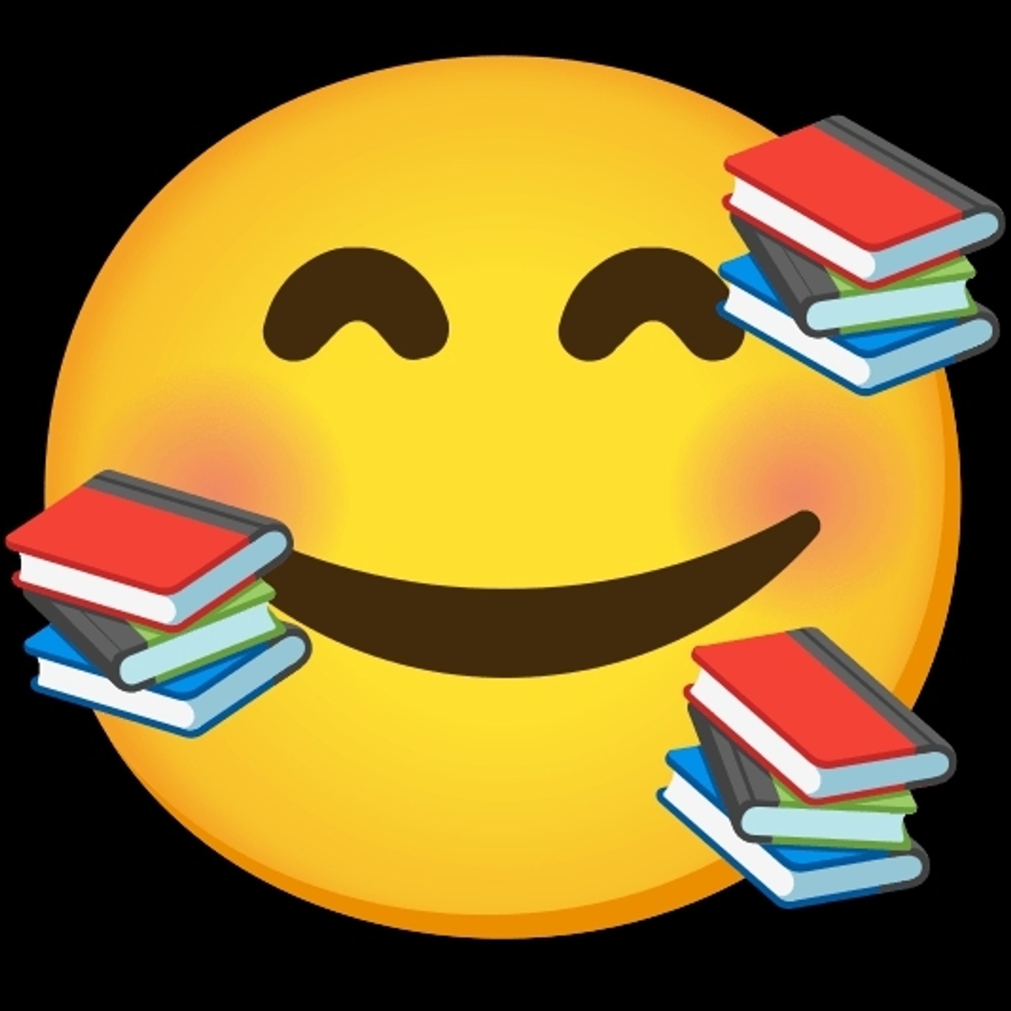 Smiley yellow emoji on a black background with red, green and blue book stacks superimposed on its face.