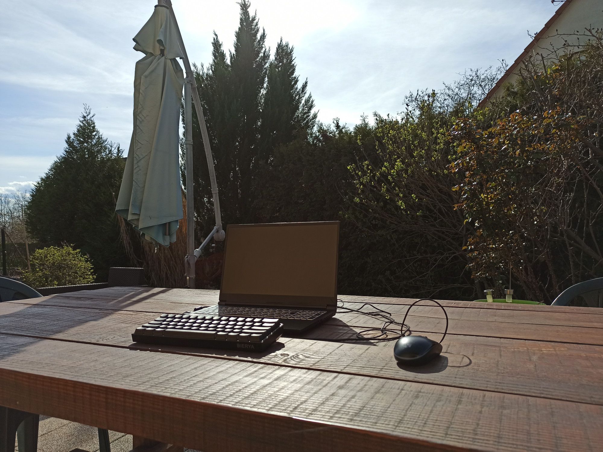 Office laptop with mechanical keyboard on a solid wood table with a partial view on the garden.