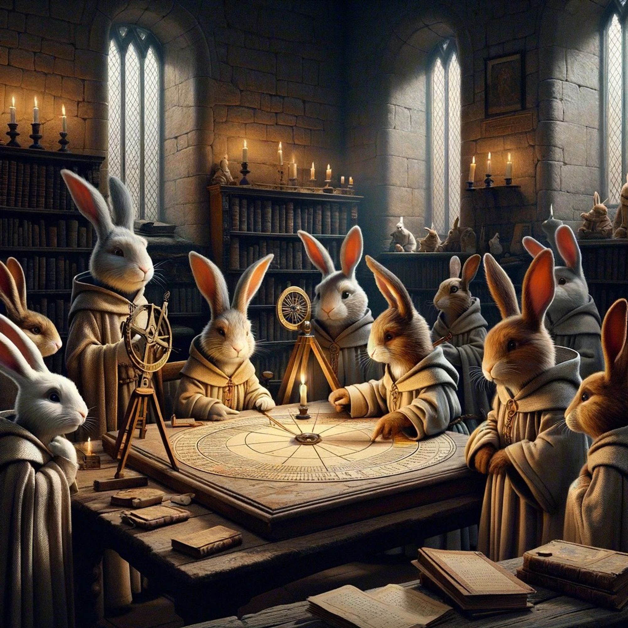 Gregorian bunnies, calculating Easter dates, by candlelight, in a church.