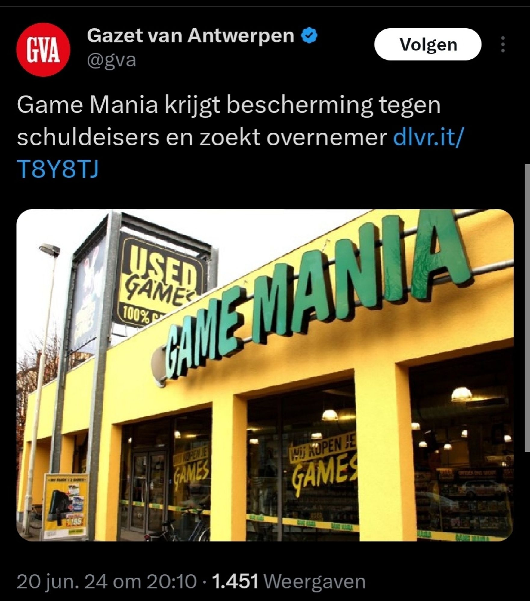 Een tweet van Gazet van Antwerpen. 'Game Mania krijgt bescherming tegen schuldeisers en zoekt overnemer.'