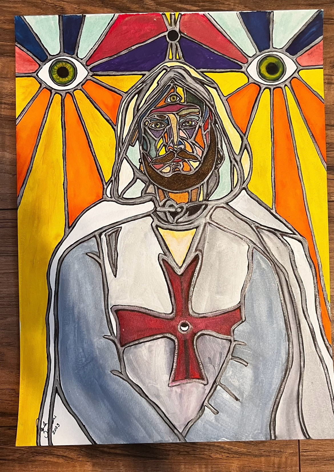 portrait of a man wearing a white cloak. He has a 3rd eye.