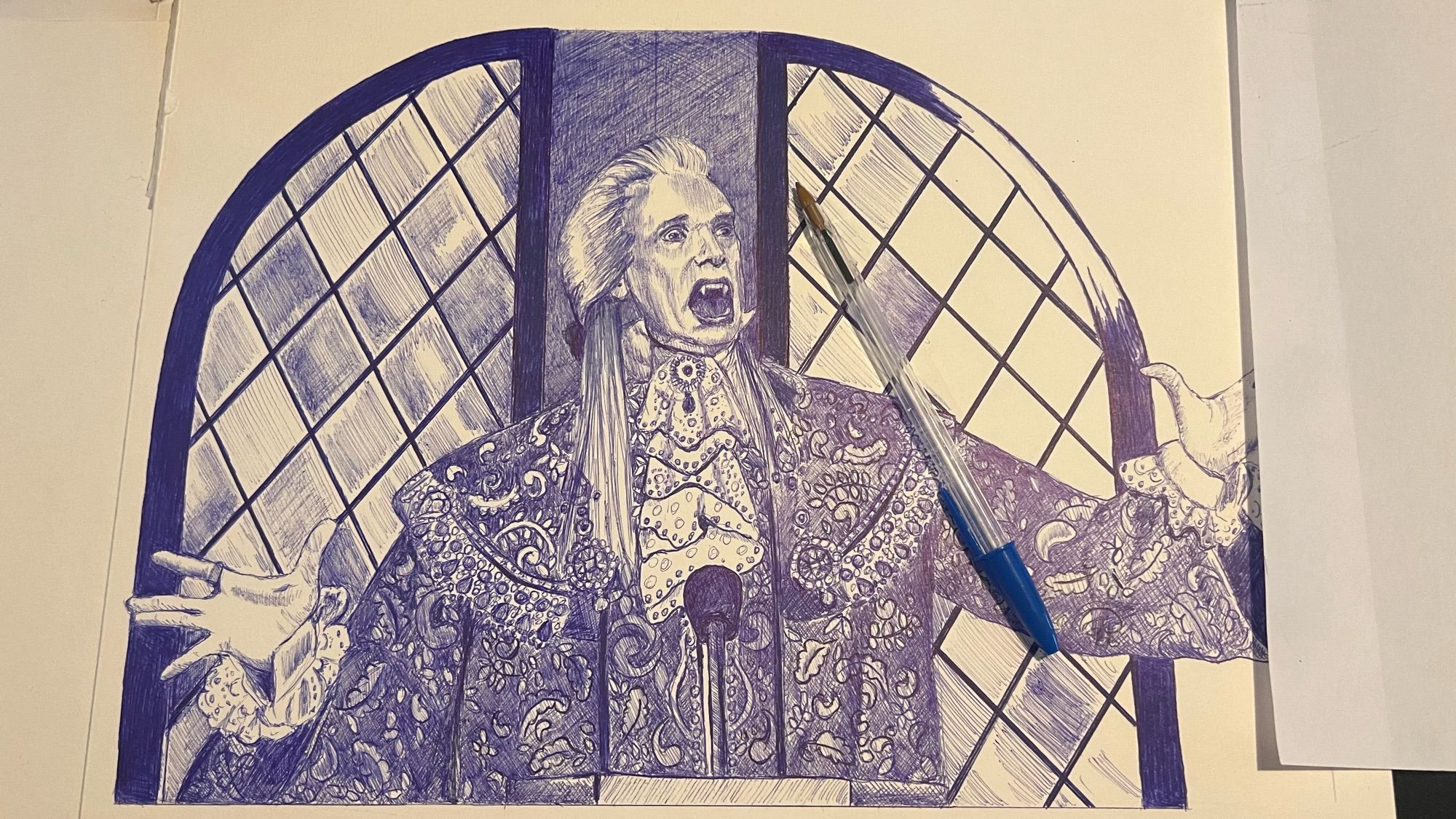 ballpoint pen sketch in blue of Doug Jones as Baron Afanas in the TV show what we do in the shadows.

It’s the scene where he’s angry that they aren’t behaving like proper vampires during the roast for Las le