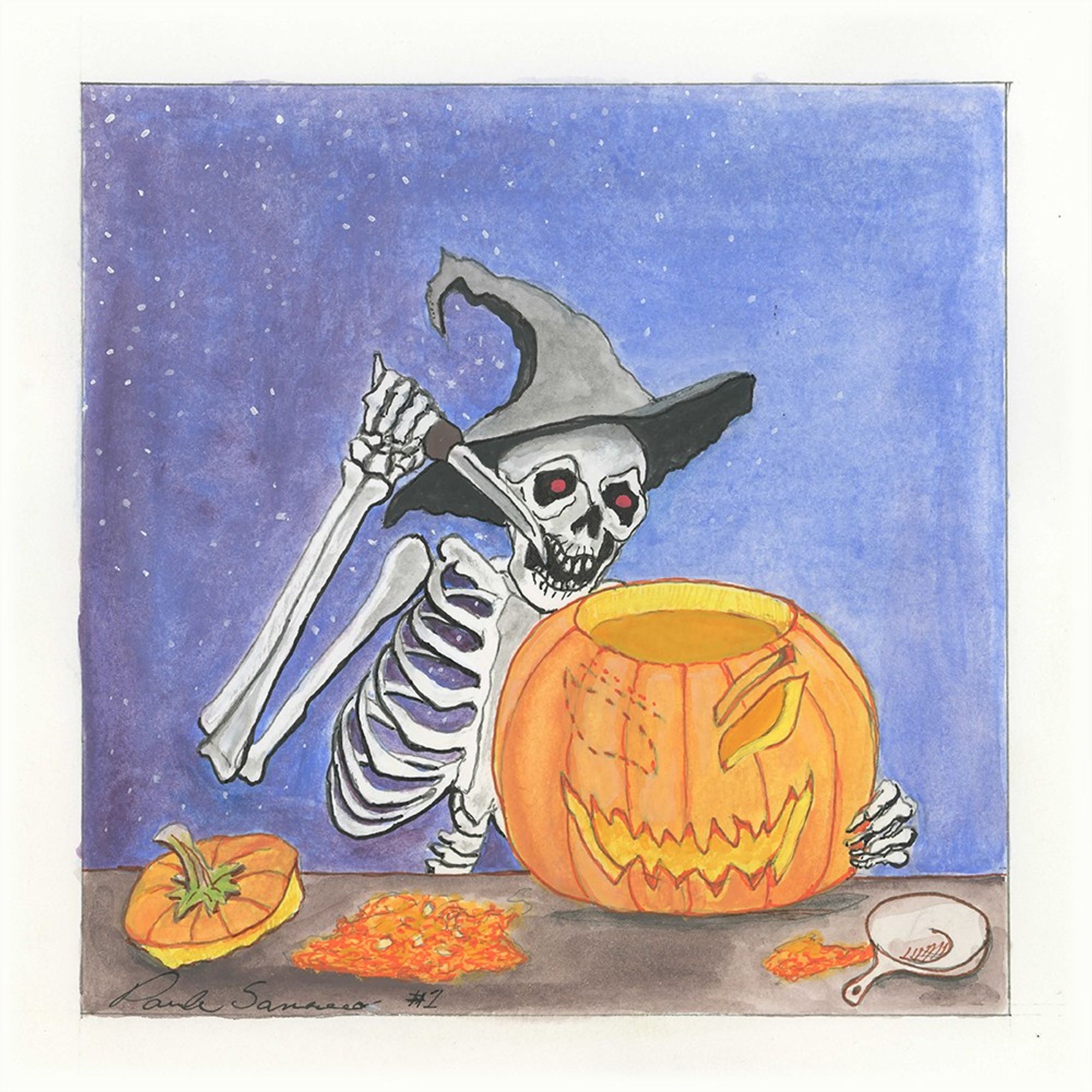 Watercolor painting of a skeleton with a witch hat on carving a pumpkin.