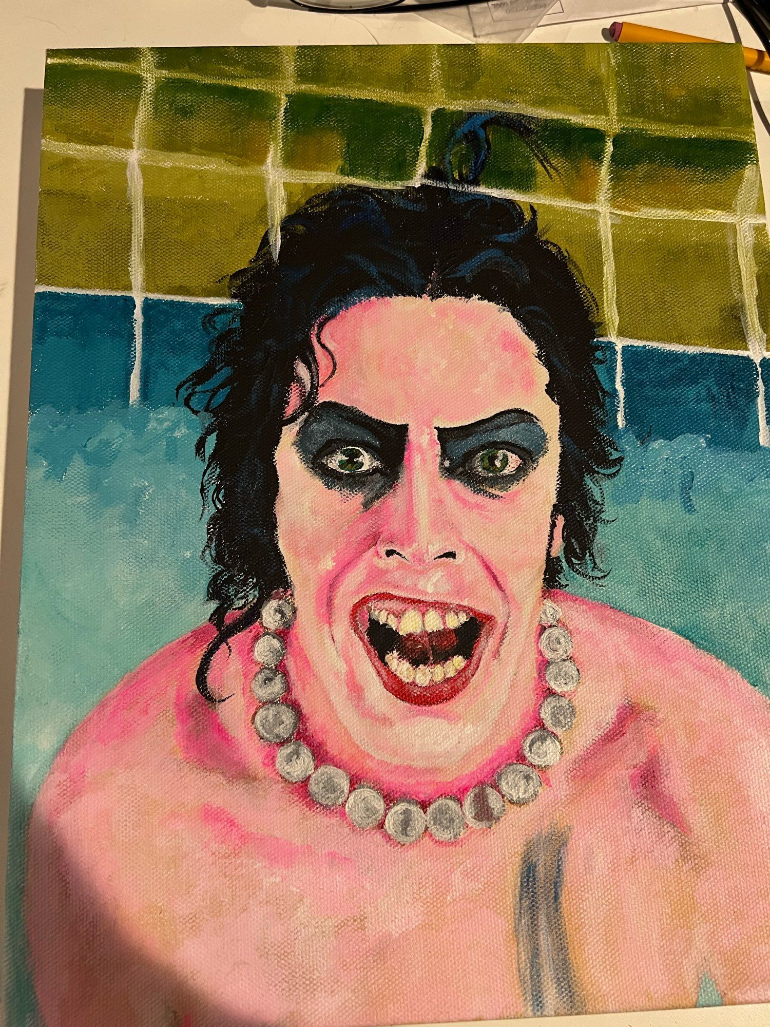 Painting of Tim Curry in the Rocky horror picture show he is coming out of the pool. 