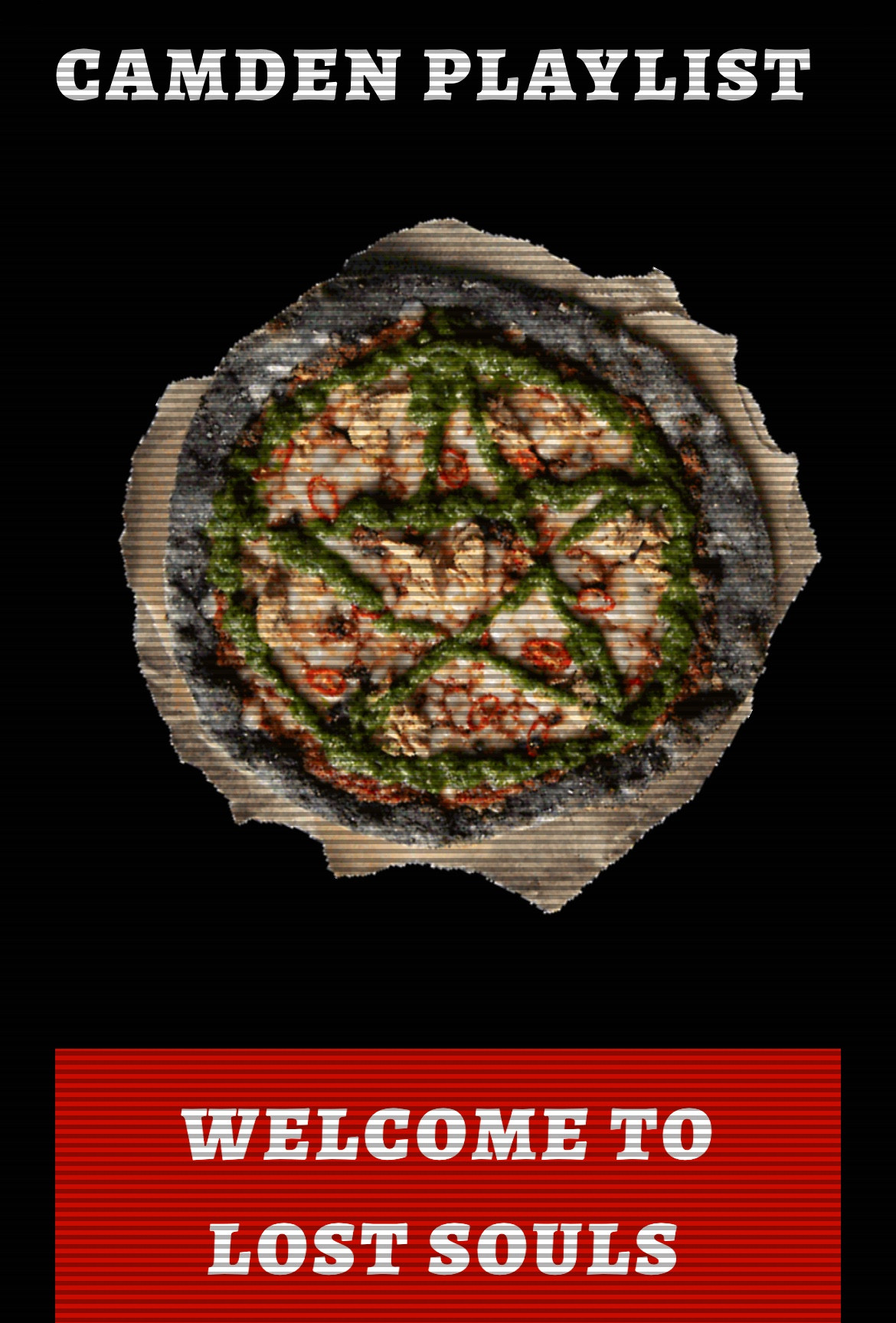 Screenshot of a pizza with a pentagram in the middle from lost souls pizza