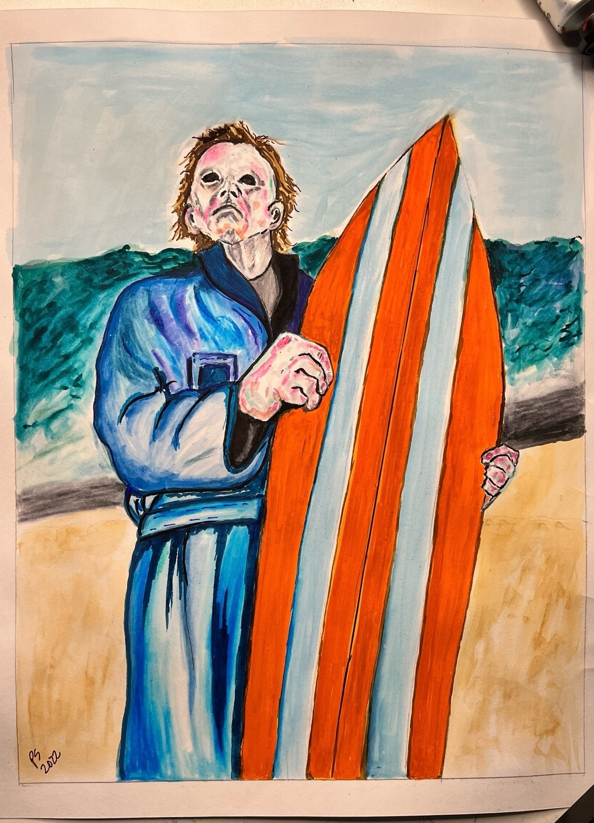 Painting of Michael Myers holding an orange and white surfboard. 

He’s standing on the beach and there’s a big wave behind him.