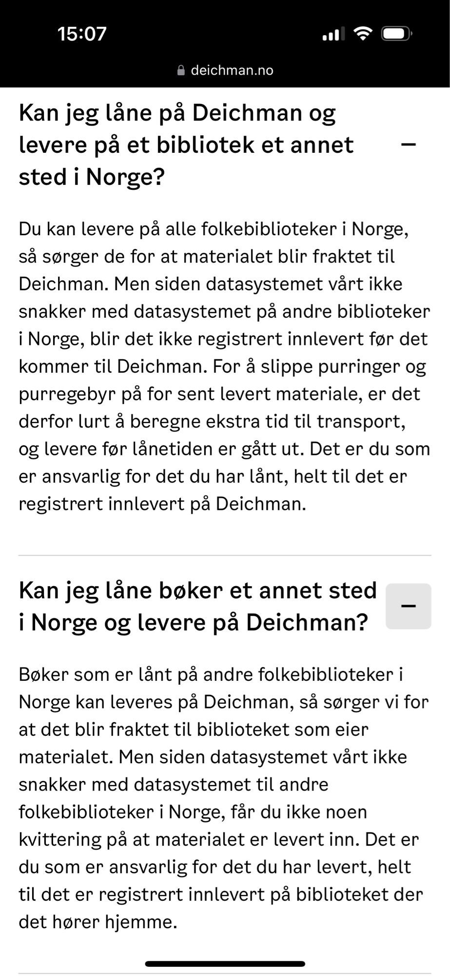 Skjermbilde av tekst fra https://deichman.no/ofte-stilte-sporsmal