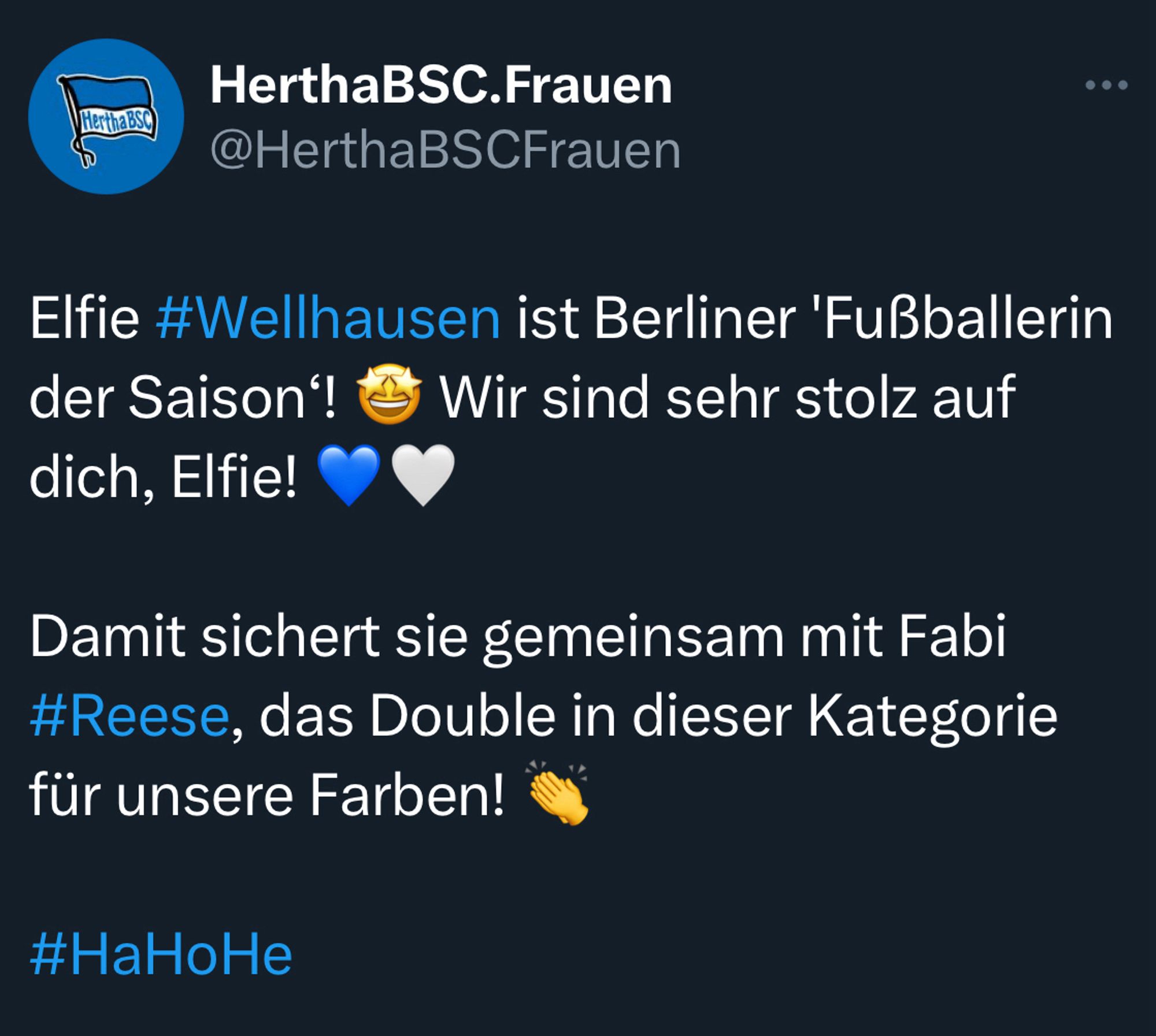 Ein Post vom Account von Hertha BSC Frauen zur Auszeichnung von Elfie Wellhausen als Berliner Fußballerin der Saison