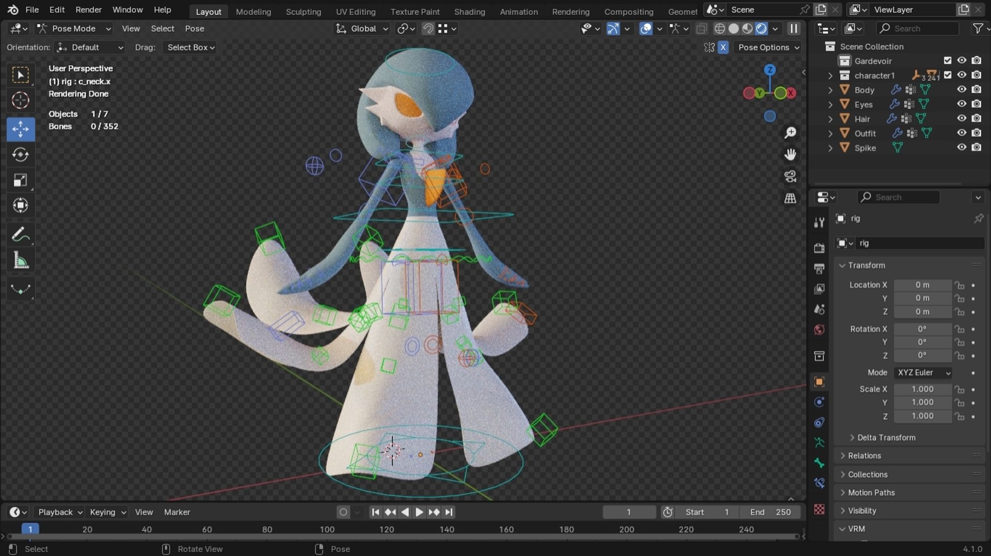 A screenshot of the 3D program Blender showcasing control rigs on a shiny Gardevoir model