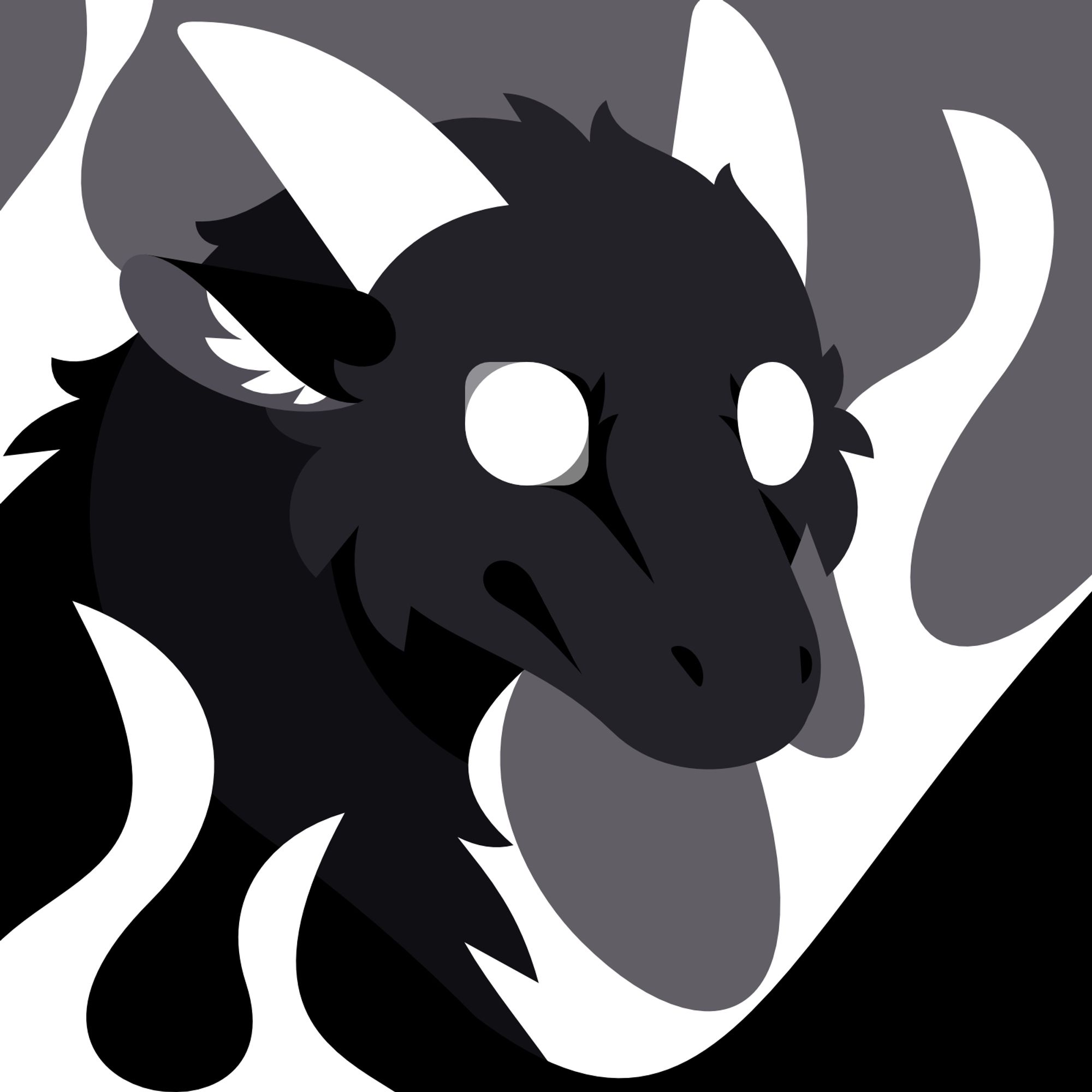 Monochrome vector  art showing a furred wyvern. Only his head and neck are visible as dark gray shades in front of a lighter gray background. His eyes are white circles, and there's some white ethereal smoke rising all around him.