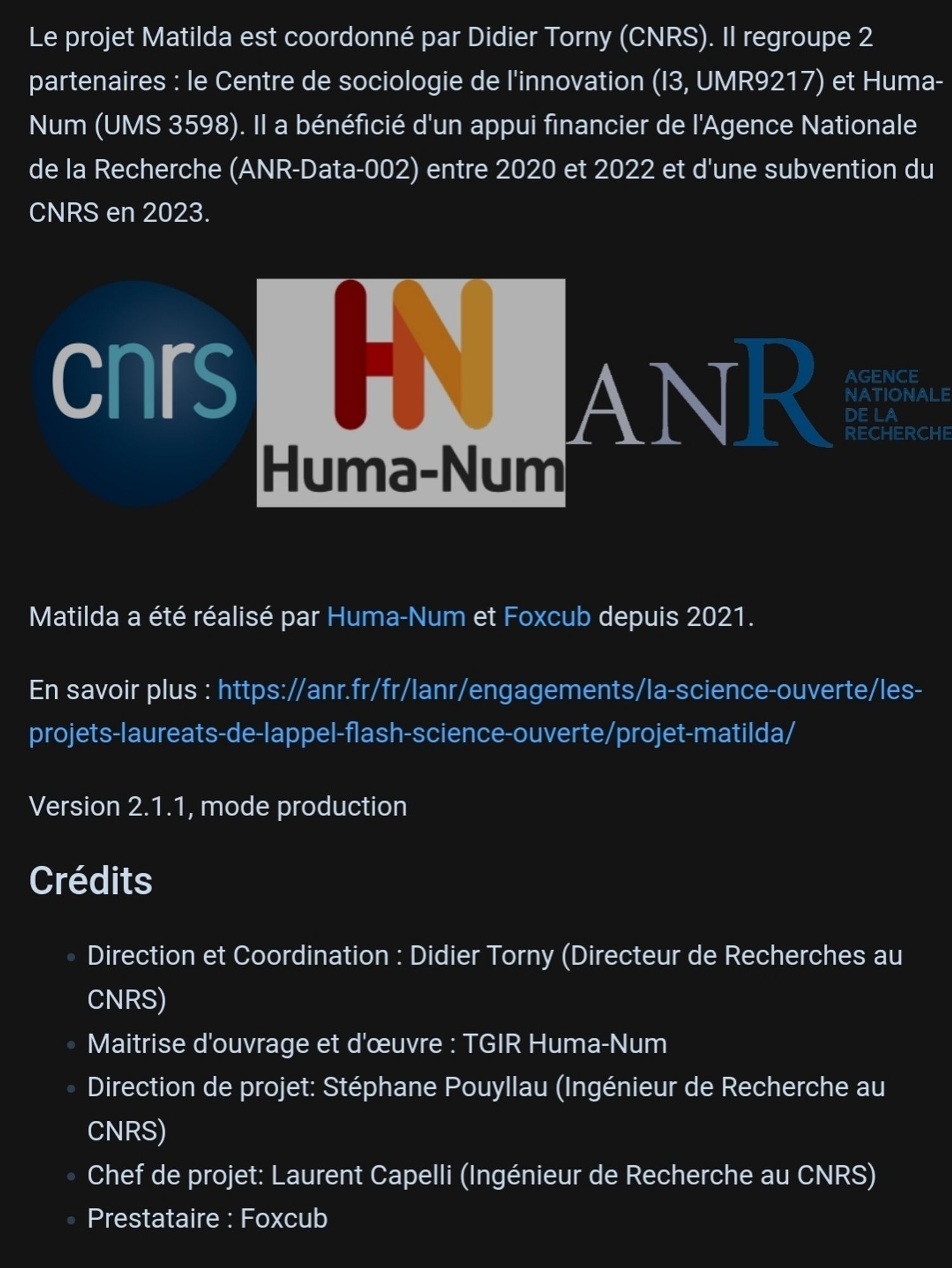 Capture de la page "a propos" du moteur de recherche, dans lequel il apparaît notamment dans la section "crédits" que la direction et conception du projet a été entièrement masculine.

Crédits
Direction et Coordination : Didier Torny (Directeur de Recherches au CNRS)
Maitrise d'ouvrage et d'œuvre : TGIR Huma-Num
Direction de projet: Stéphane Pouyllau (Ingénieur de Recherche au CNRS)
Chef de projet: Laurent Capelli (Ingénieur de Recherche au CNRS)
Prestataire : Foxcub