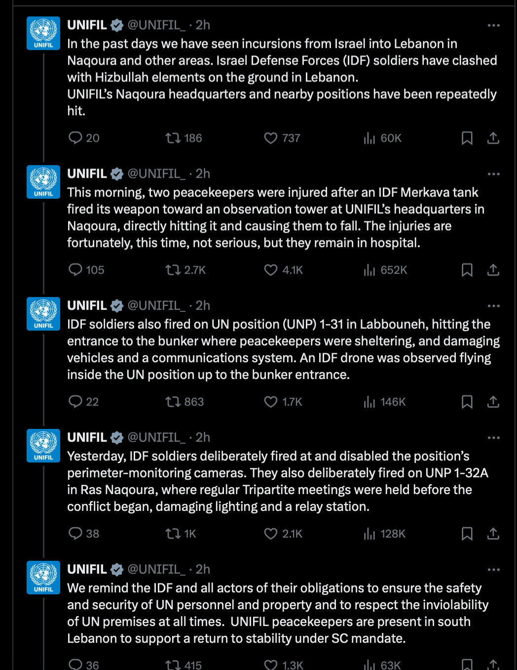 screenshot of statement from official UNIFIL twitter account narrating this morning's incident, including noting that an IDF tank fired on a UNIFIL tower and two peacekeepers fell out as a result