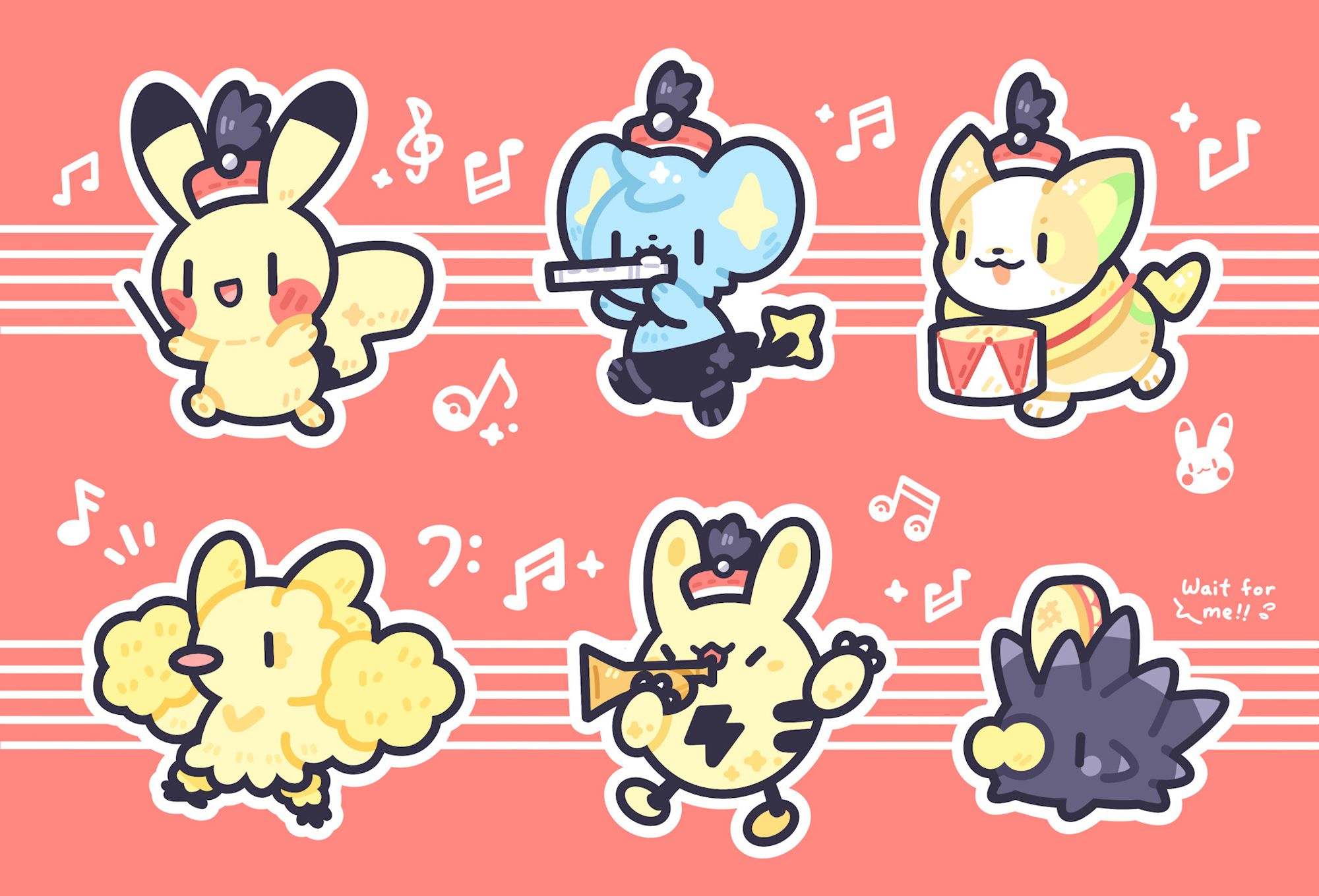 Drawing of a Pikachu, Shinx, Yamper, Oricorio, Elekid, and Pincurchin marching band on a red background