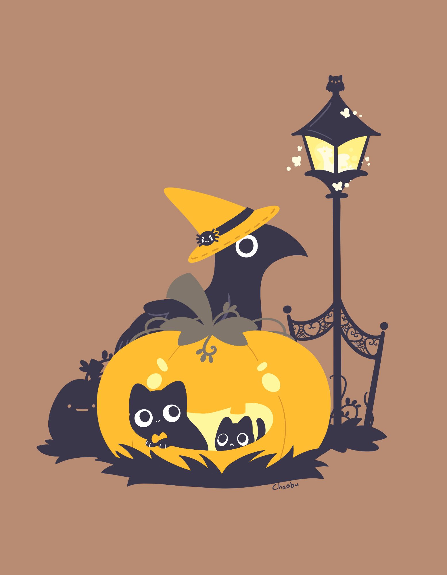 Two black cate in a jack o lantern.  There's a crow wearing an orange witch hat behind them, and a lamp with a small dragon in it in the background.