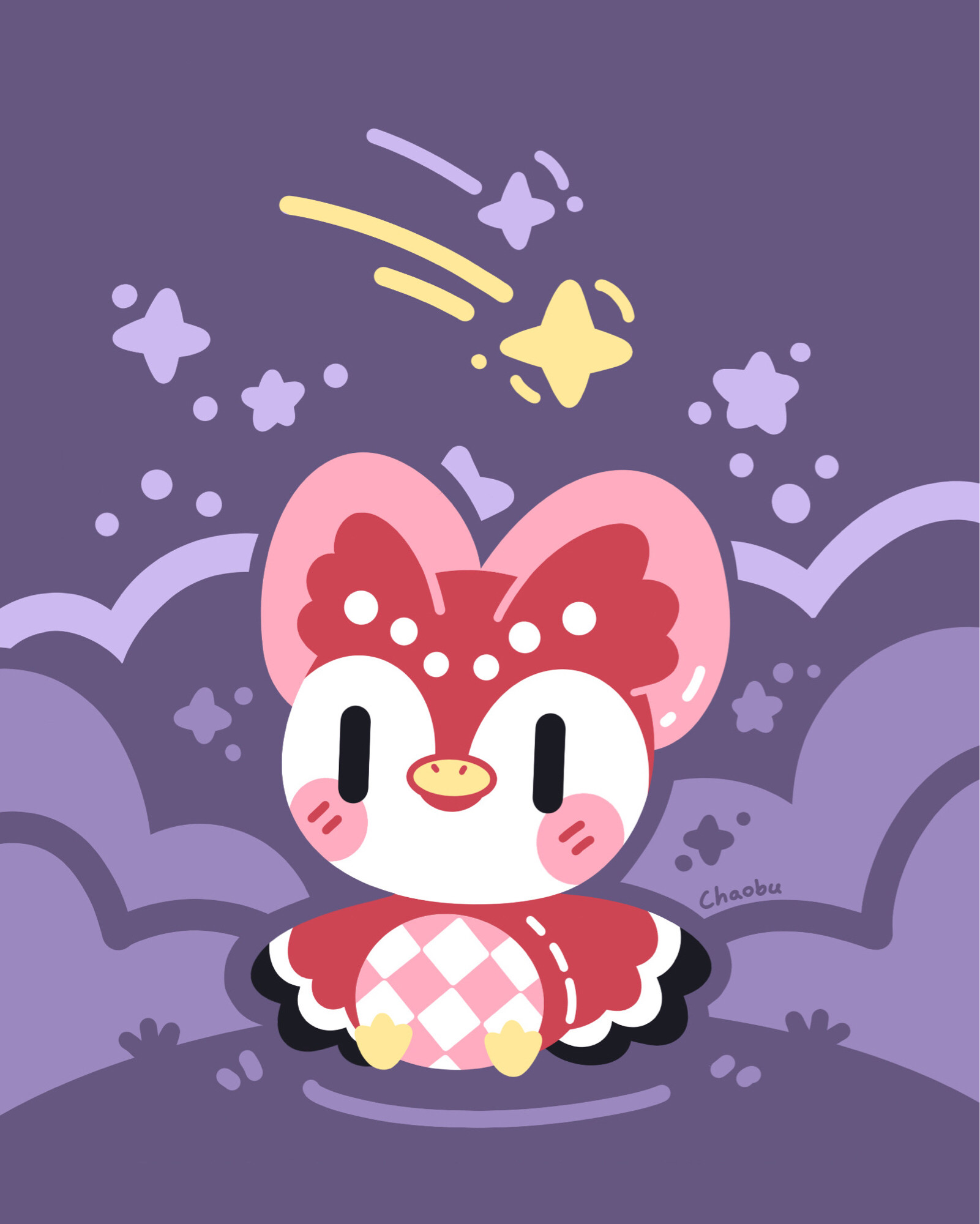 A drawing of Celeste from Animal Crossing sitting on a hill against a cloudy purple background with a yellow shooting star passing overhead