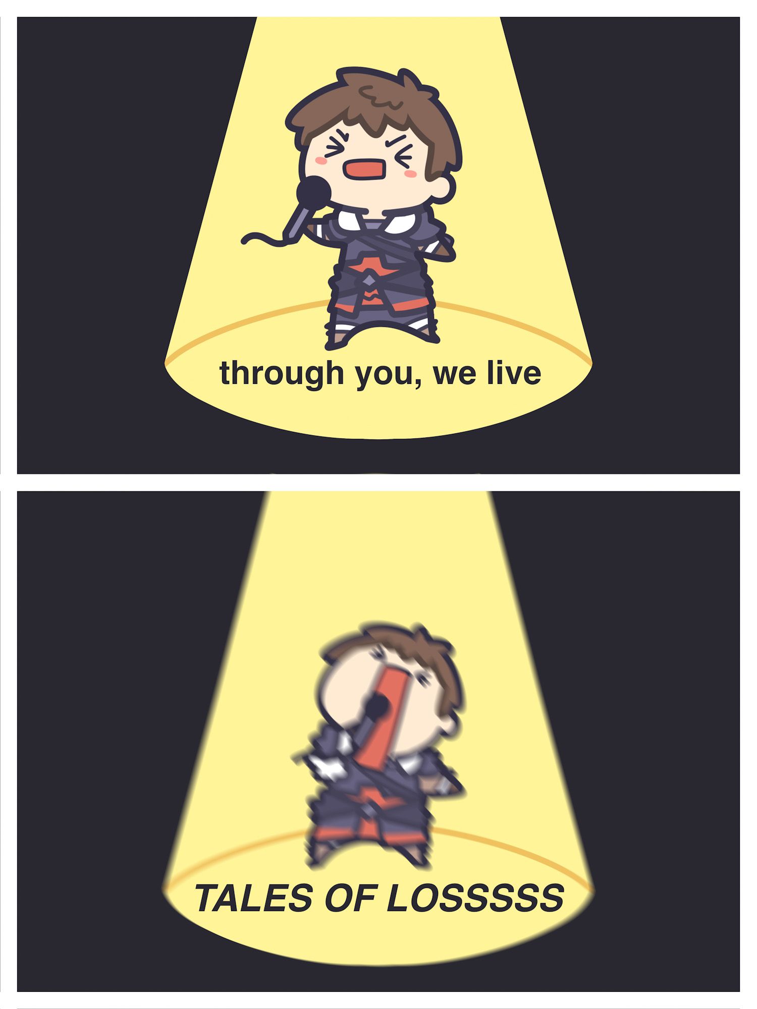 a two-panel drawing of ardbert from final fantasy xiv.
panel 1:  ardbert holding a microphone in a spotlight with the text "through you, we live"
panel 2: ardbert still in the spotlight yelling into the microphone "TALES OF LOSSSSS" with a blur effect applied