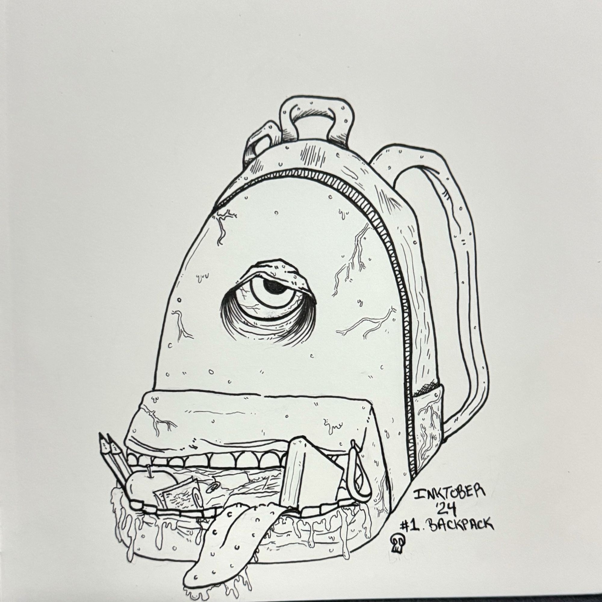 A drawing of a monster mouse backpack. The front zipper is its mouth which is open and overflowing with items and drool as a tongue hangs outs. It has one sunken eye and veins protruding around it