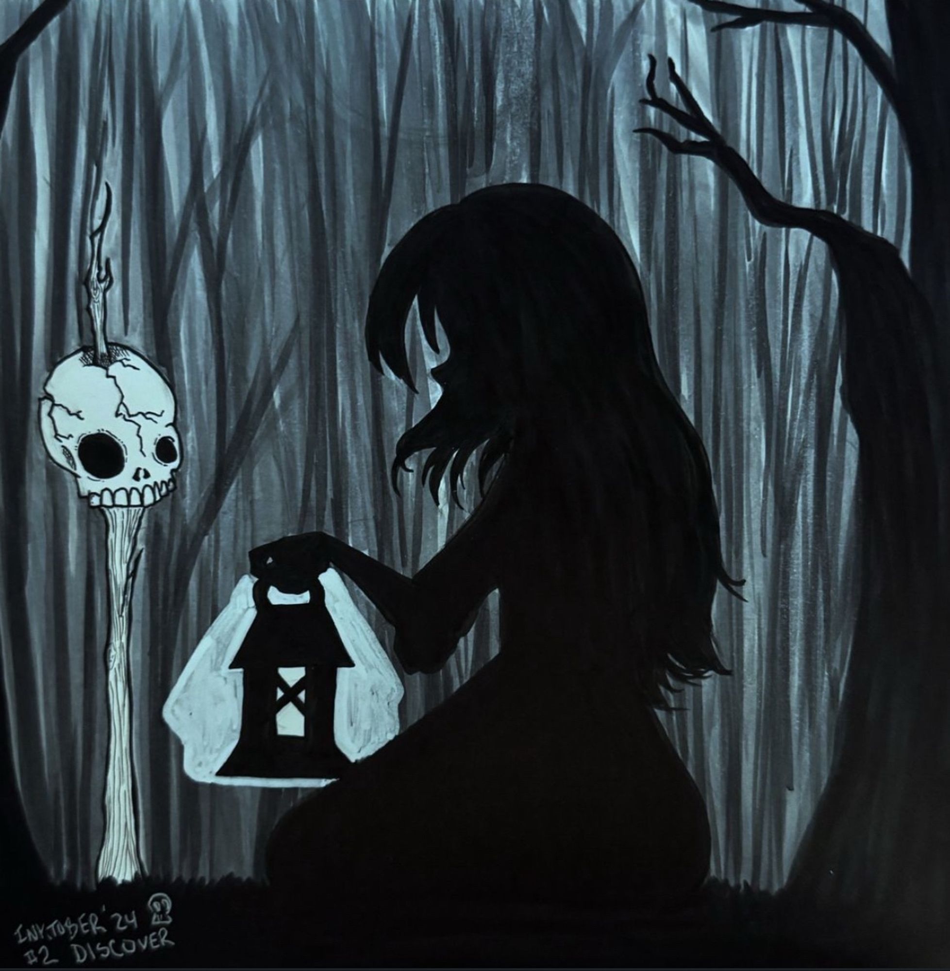 Black and Grey ink drawing. A silhouette of a girl in a forest. She is sitting in her knees holding a lantern in front of a skull that has been pierced through on a stick.