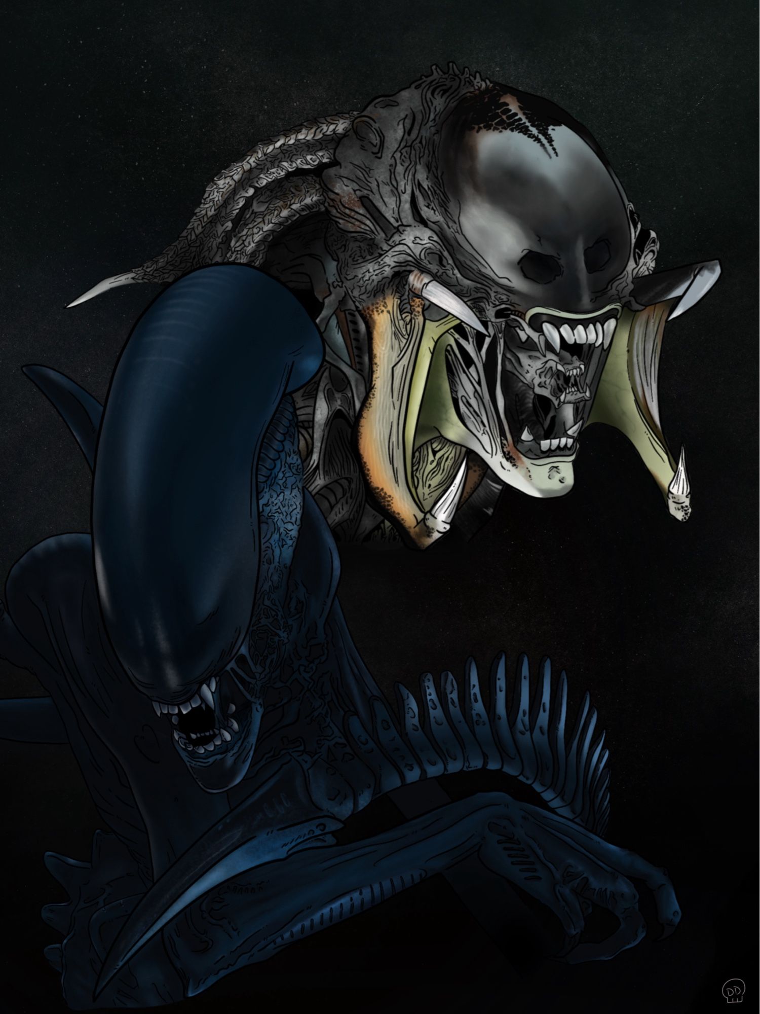 Artwork depicting a Xenomorph from the Alien movies and the Predalien from Alien vs. Predator