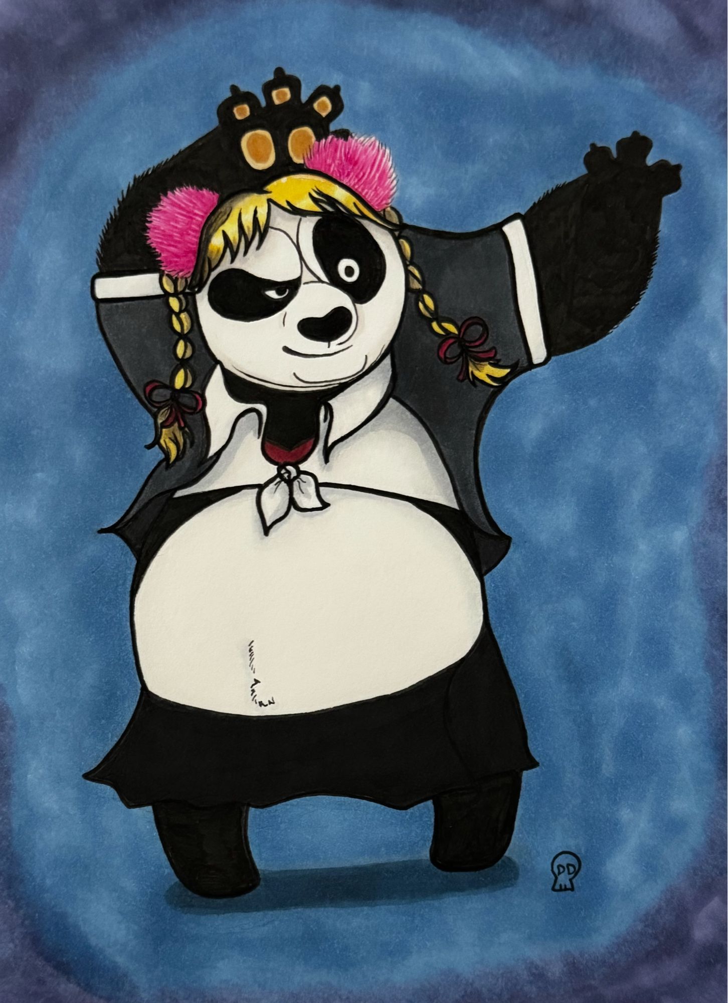 Po, the panda from Kung Fu Panda, wearing  the Britney Spears -Baby One More Time music video school girl outfit along with a blonde braided pigtail wig with pink puffs on either side.