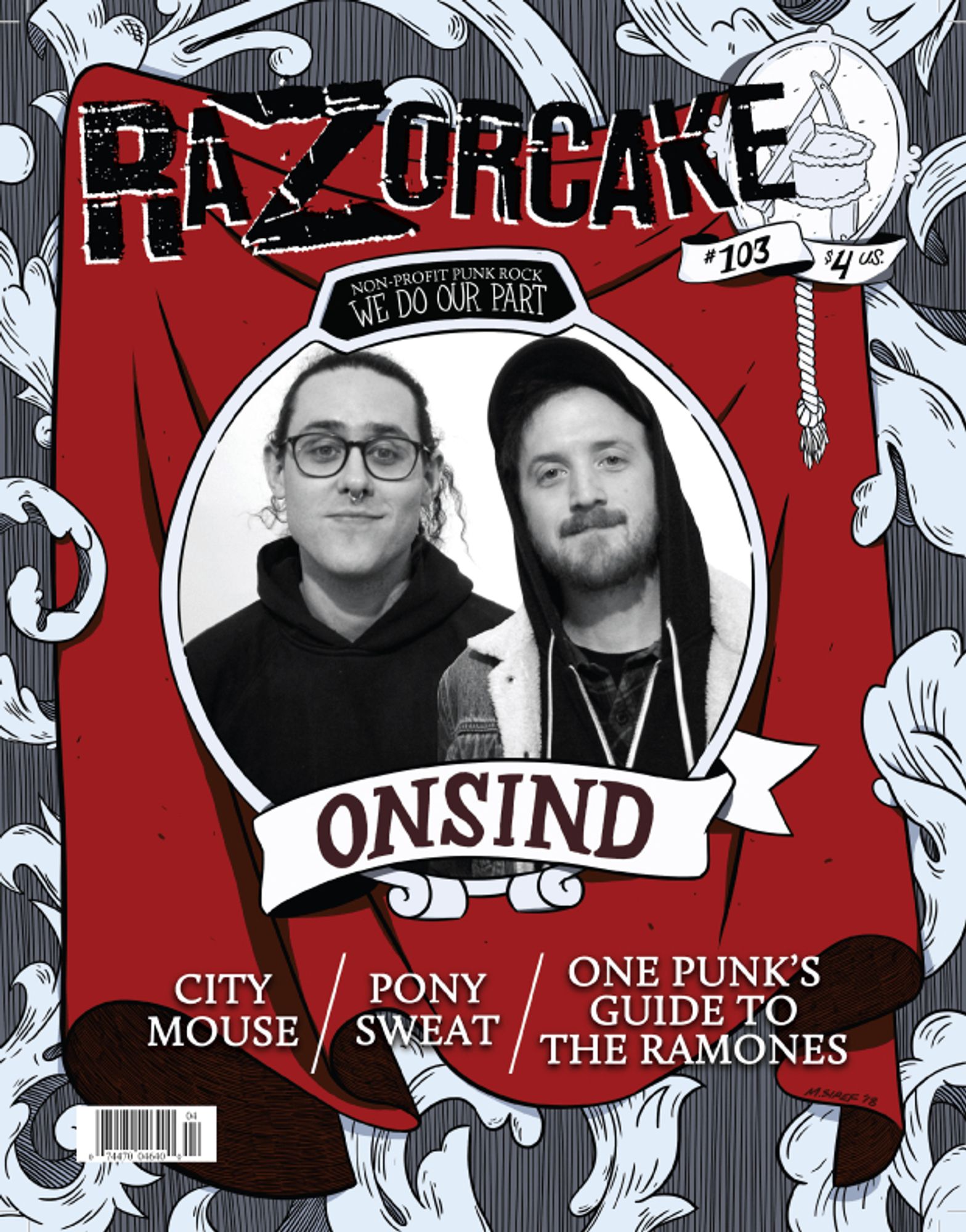 Razorcake #103 from 2018, featuring Onsind, City Mouse, Pony Sweat, and One Punk’s Guide to the Ramones