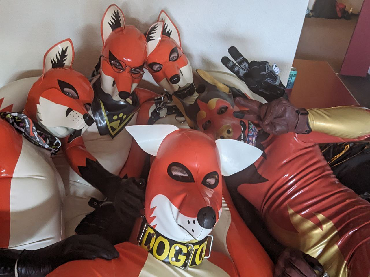 Orange rubber foxes and one rubber firedoggo