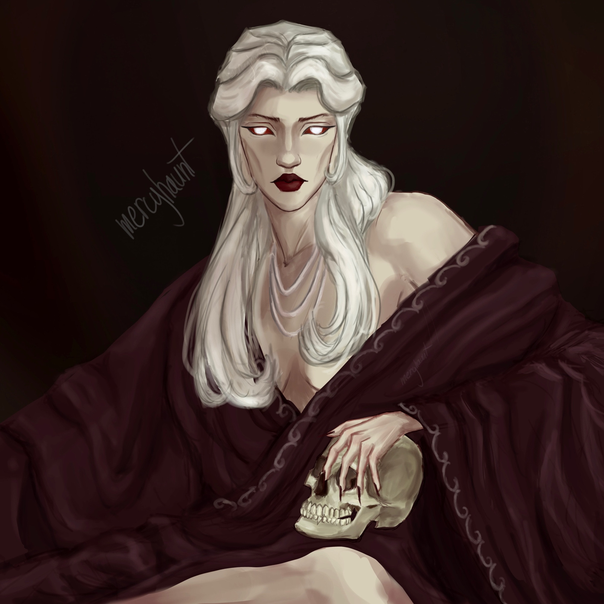 digital painting of a pale, blonde woman who stares straight at the viewer. she appears to be lounging swathed in a deep red blanket, resting her left hand upon a skull. her eyes are red, with white irises, and no pupil.