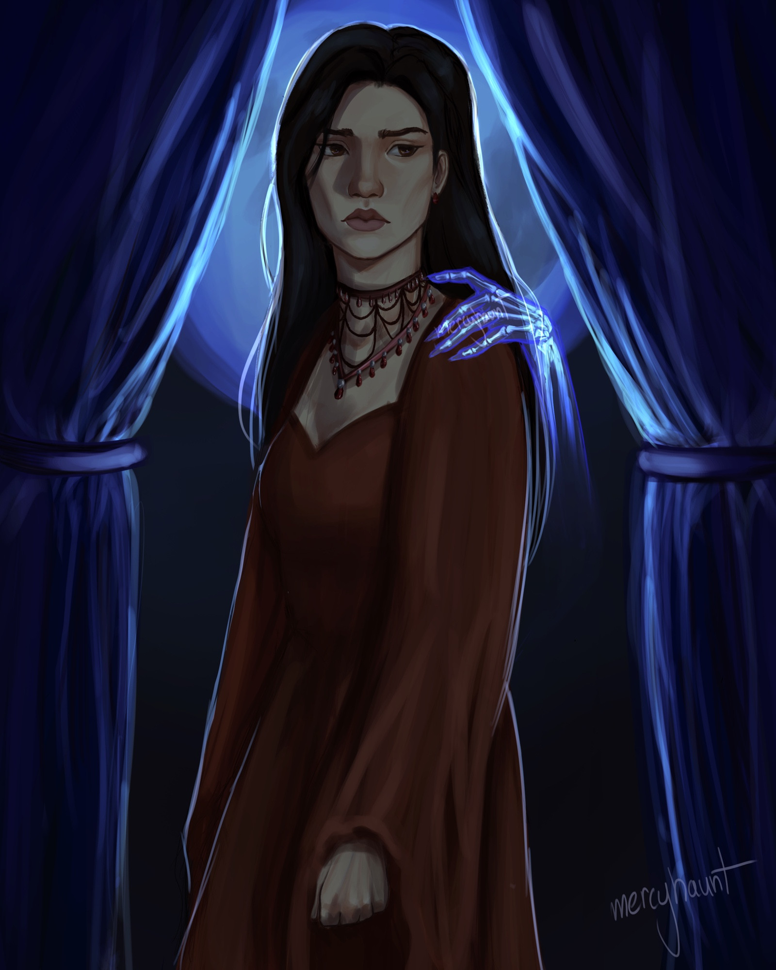 a woman in a red dress stands bathed in blue light from the window behind her as a ghostly hand rests upon her shoulder