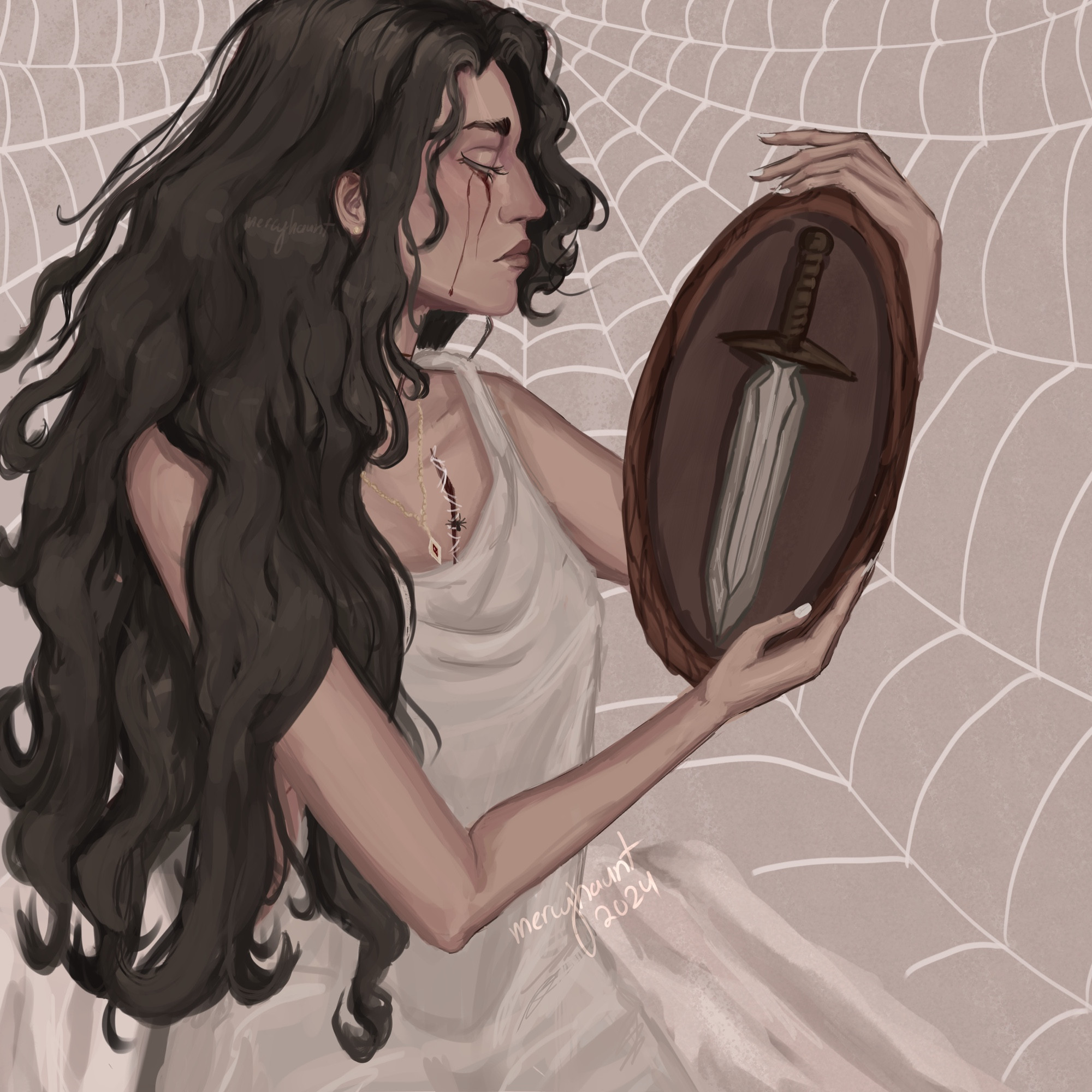 a woman with long, wavy black hair, in an off-white dress holds a framed dagger and stares at it pensively, with a spider’s web pattern in the background