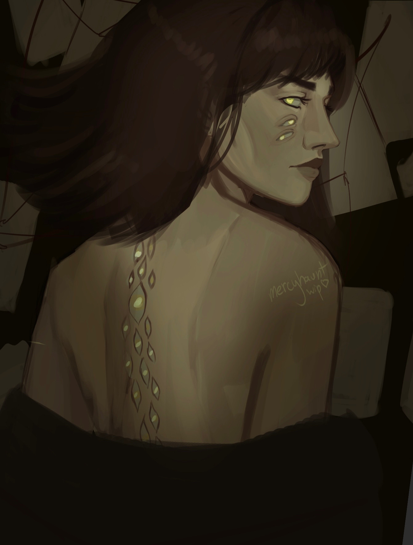 an in-progress digital art piece. in it, a woman stands, her bare upper back turned to the viewer — her jacket is falling off of her. Behind her are scattered papers pinned to the walls. Along her spin runs a line of eyeballs, glowing yellow. Two more eyes dot her cheeks. The entire scene seems illuminated with a sickly green glow.