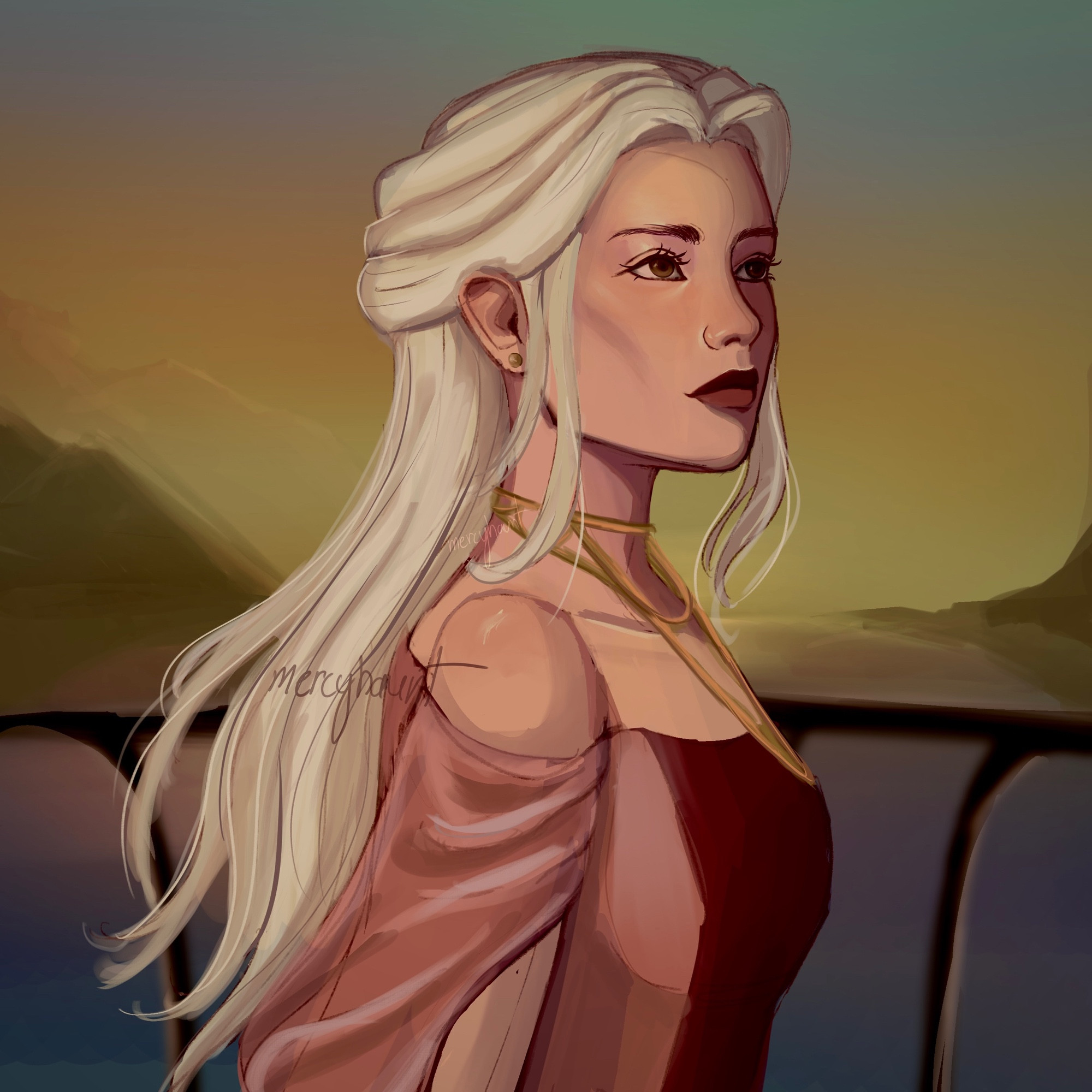 a young blonde woman stands against a sunset on a balcony, appearing to be in a fantasy setting from the pink and red dress she wears.