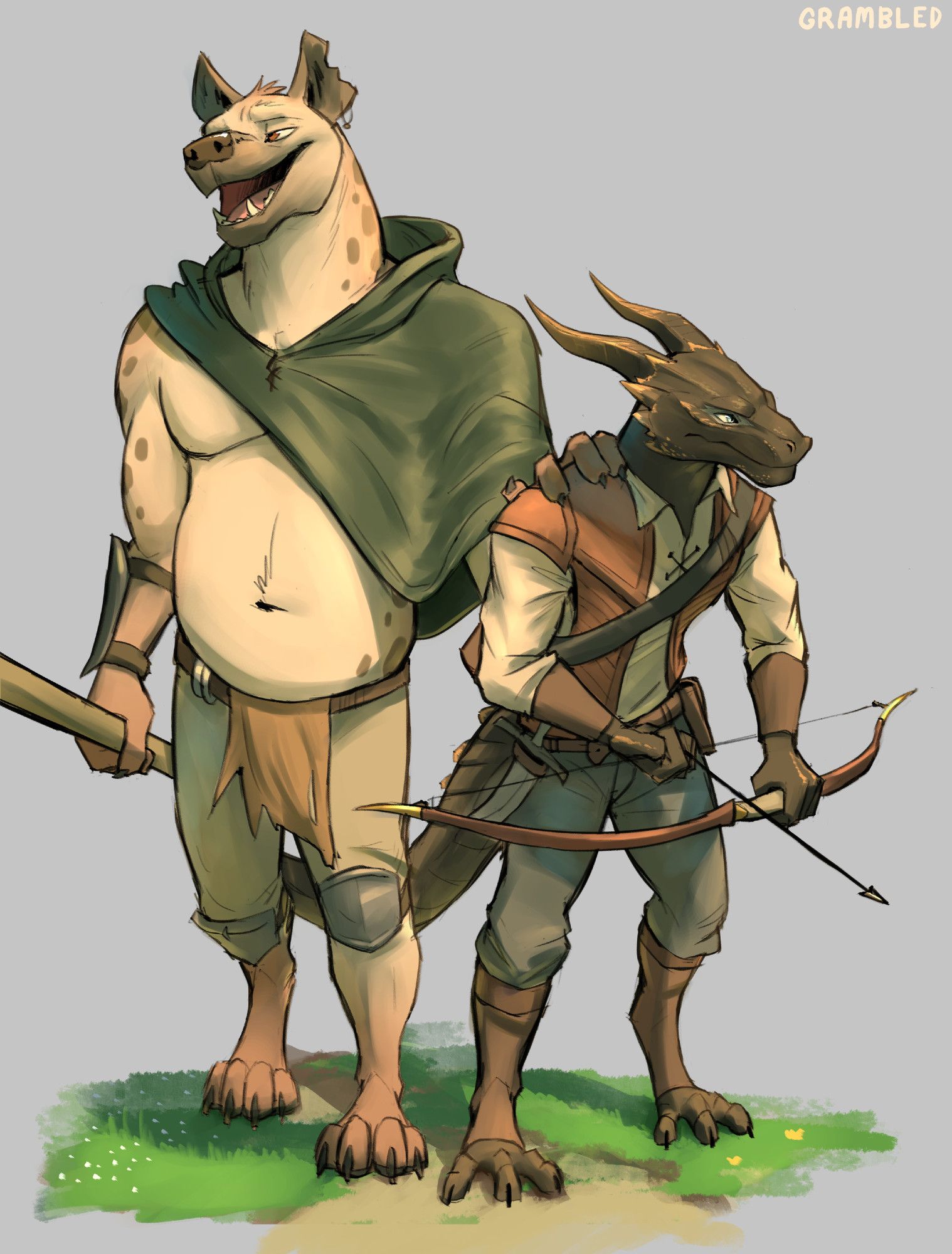 gnoll (left) and black dragonborn (right) walking down a grassy path. the gnoll is literally so chill damn, the dragon boys got a bow he looks like he needs to tkae it down a notch sheesh