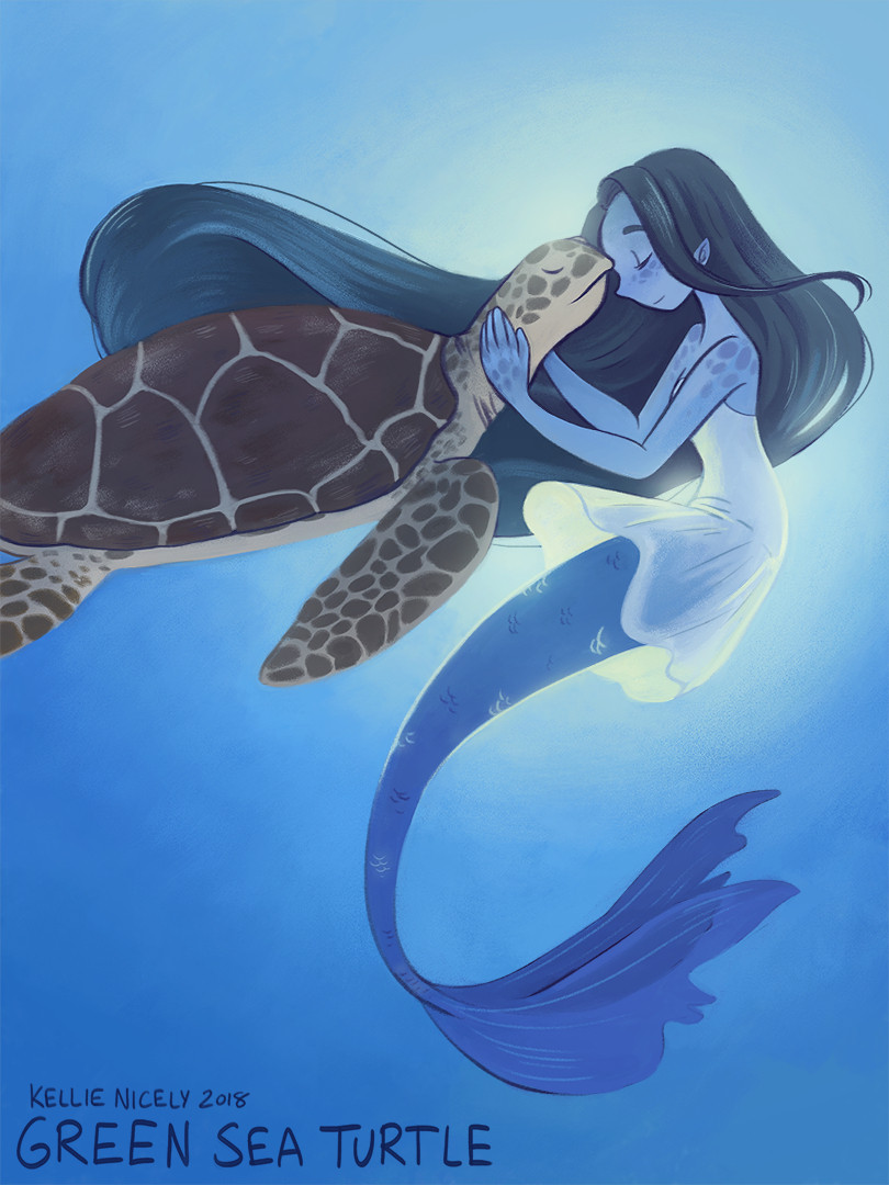 Illustration of my mermaid OC, who has blue skin and a deep blue tail and a white skater dress on and freckles like a sea turtle, caressing a green sea turtle. There is light filtering from behind her.