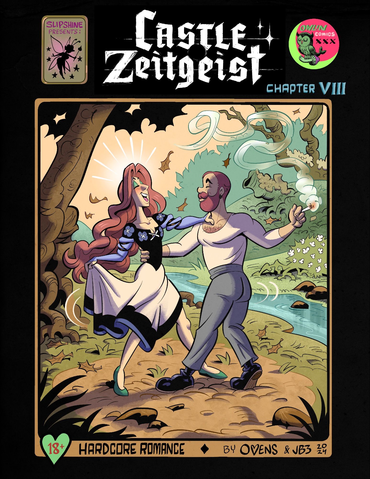 Castle Zeitgeist chapter 8 cover. Eala & Beckett dance next to a river as leaves fall.