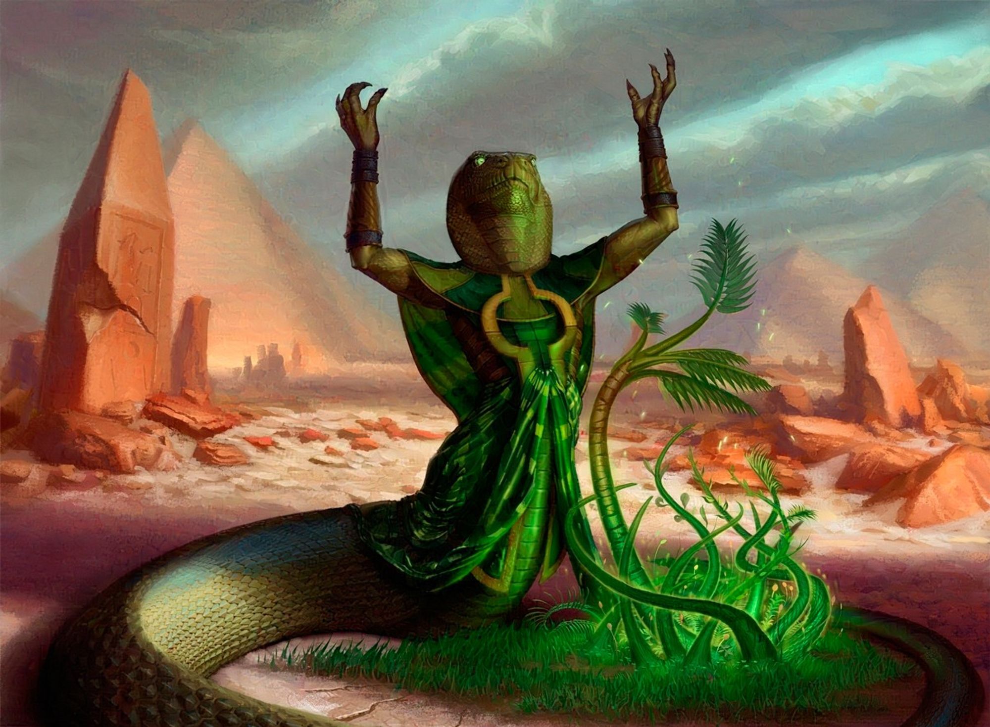 A naga makes some plant life spring out of dry cracked earth in a desert.