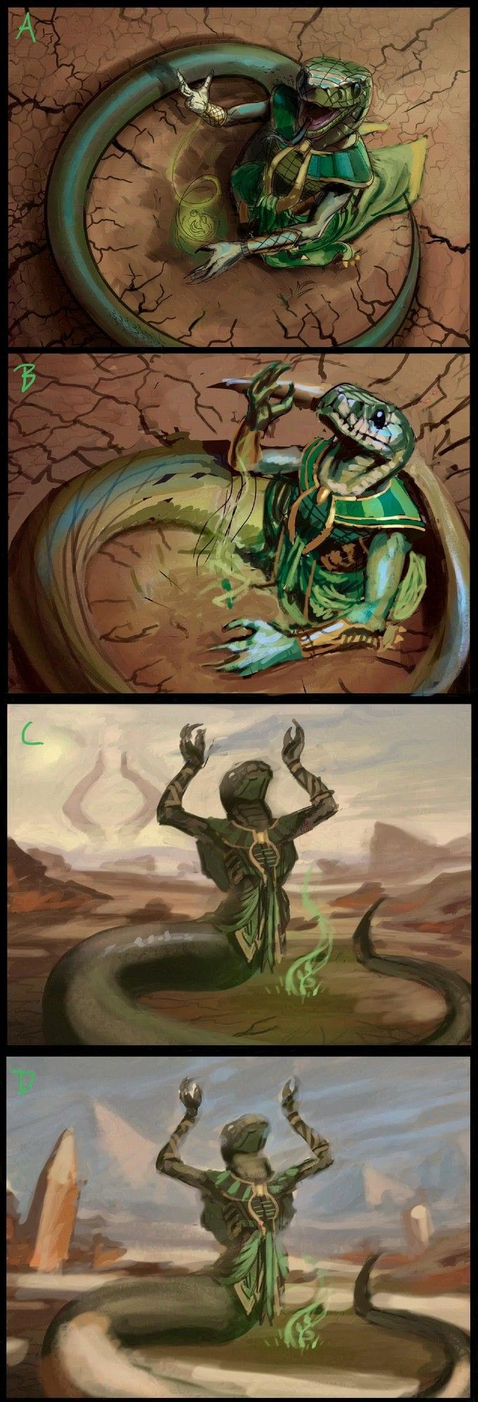 Rough images from various angles of the naga making plant life start rise out of desert ground.