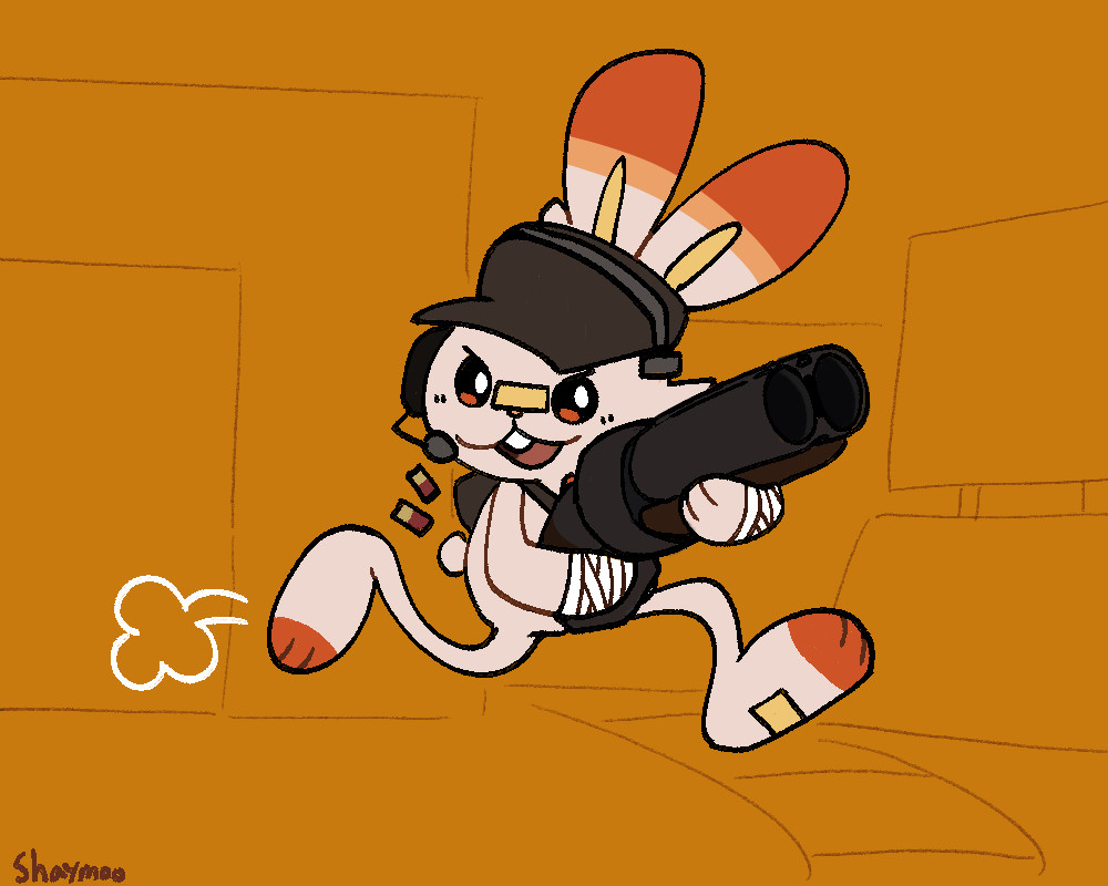 Scorbunny dressed up as Scout from Team Fortress 2, holding a Scattergun and reloading. They seem to be mid double-jump, somewhere on what seems to be Badwater's second point.