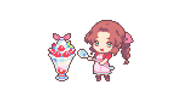 it's pixel art of final fantasy vii's aerith gainsborough in a chibi style, smiling and holding a giant spoon, standing next to an aerith-themed strawberry parfait