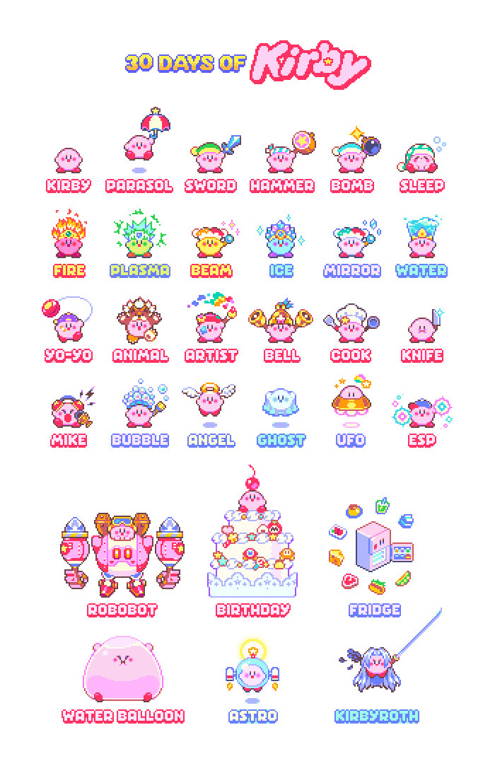 it's pixel art of my '30 days of kirby' project, 30 of kirby's copy abilities with their names below them in bubble letters