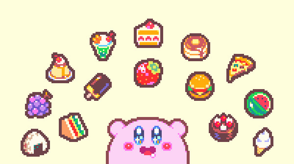 it's pixel art of kirby, eyes sparkling and a little drool at the corner of his smiling mouth, reaching into the sky where many delicious foods hover above his head