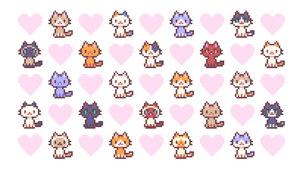 it's a grid of many differently-colored pixel art cats interspersed with pink hearts