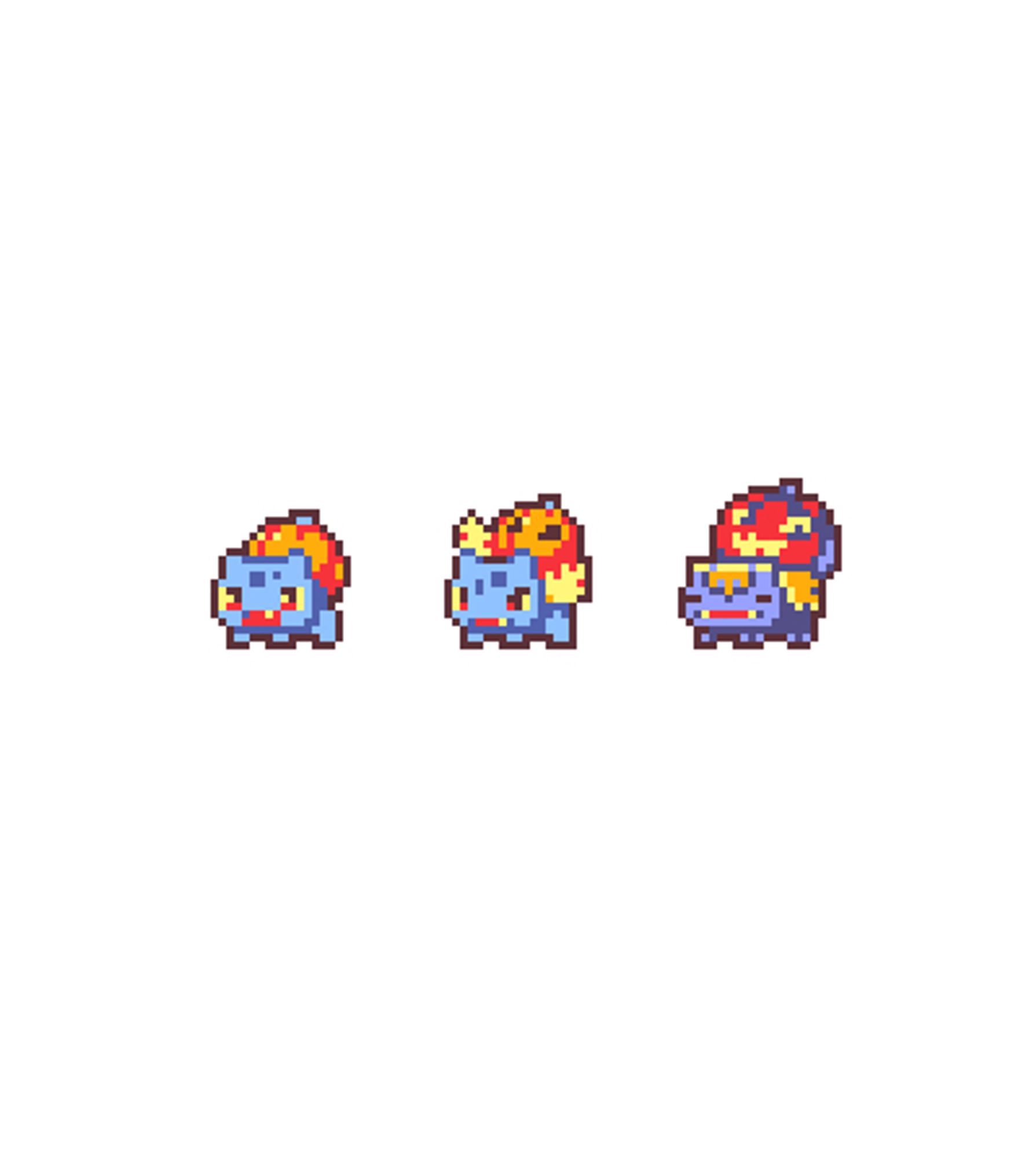 it's the same pixel art of bulbasaur, ivysaur, and venusaur, but in a spooky purple-blue colorway. the bulbs on their backs have been replaced with orange jack-o-lanterns.